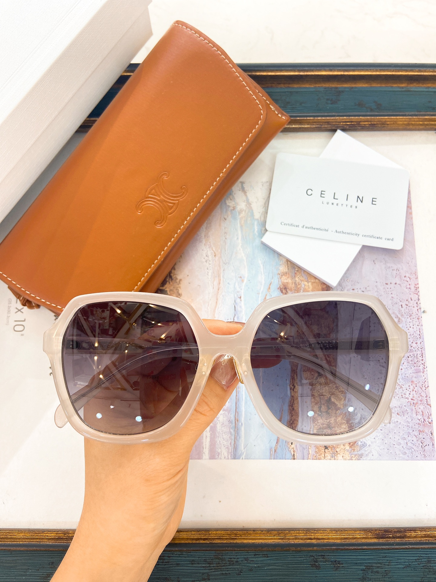 Celine Hexagonal Sunglasses in Milky Acetate with Gradient Lenses (Model: CL4047)