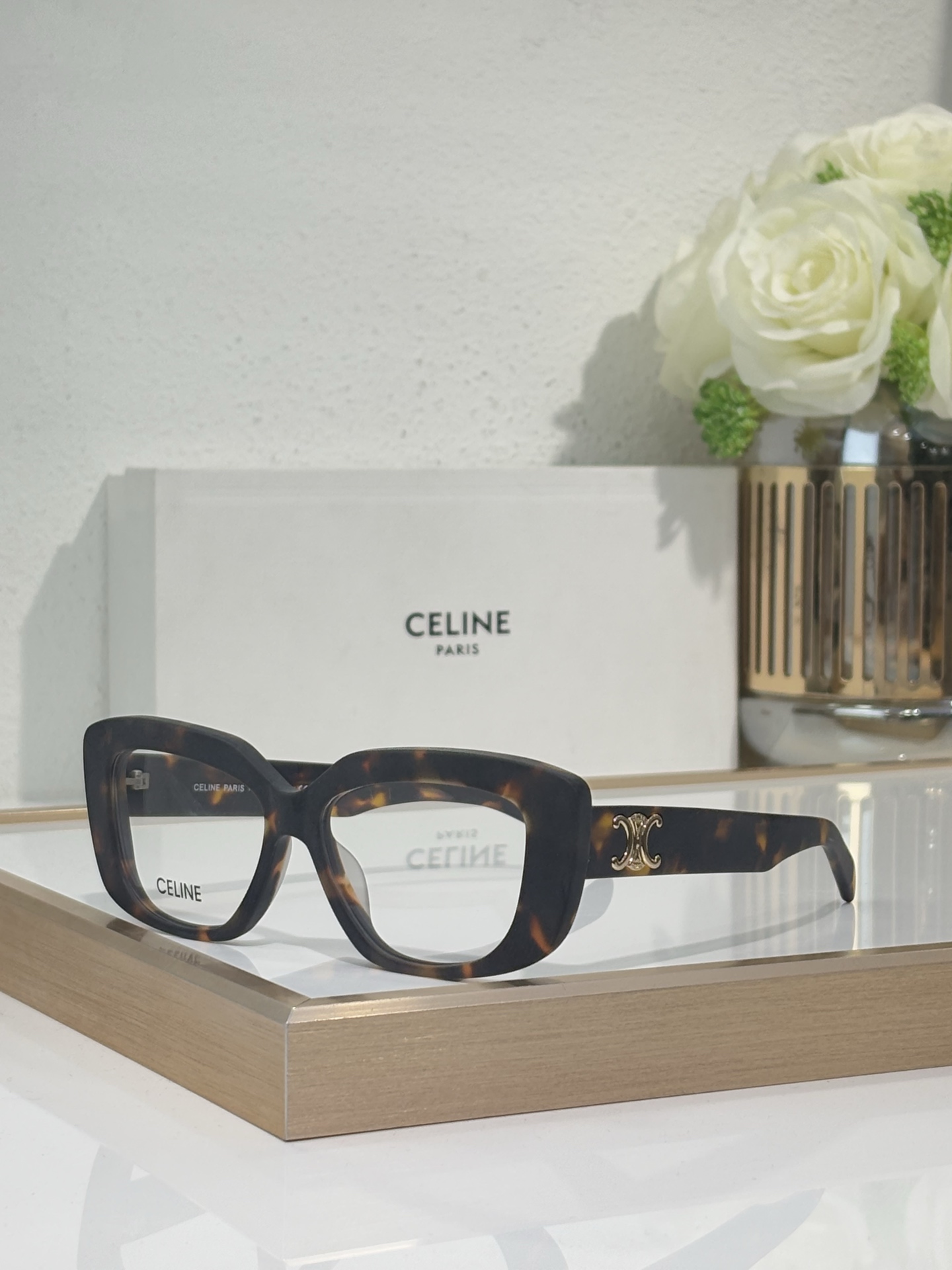 Celine Cat - Eye Optical Frames with Tortoiseshell Acetate & Gold Triomphe Accents (Model: CL5001)