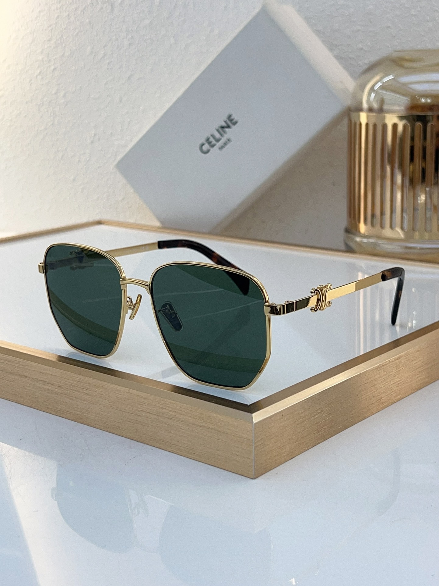 Celine Square Sunglasses with Gold Triomphe Accents & Tortoiseshell Temples (Model: CL4038)