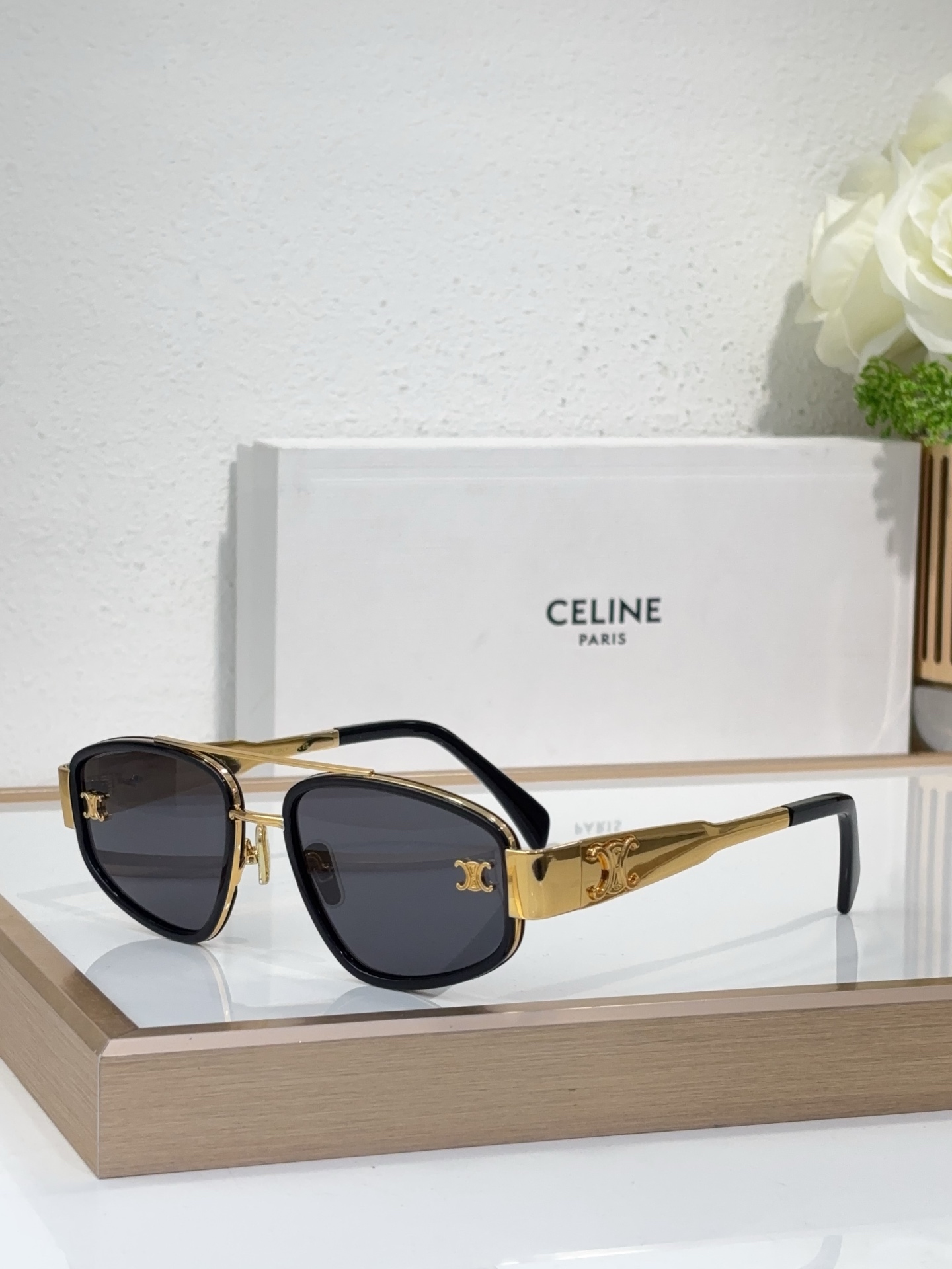 Celine Aviator - Inspired Sunglasses with Gold Triomphe Accents (Model: CL4033)