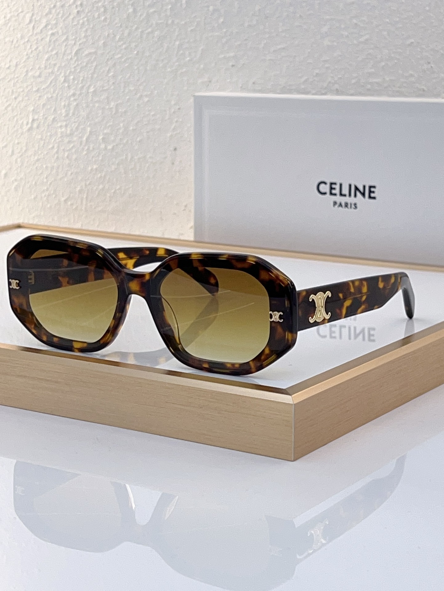 Celine Hexagonal Sunglasses with Tortoiseshell Acetate & Gold Triomphe Accents (Model: CL4030)