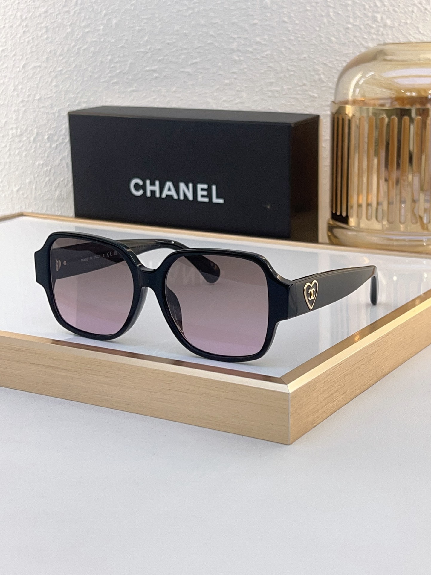 Chanel Square Sunglasses with Gold Heart - CC Accents & Pink Gradient Lenses (Model: CH5537)