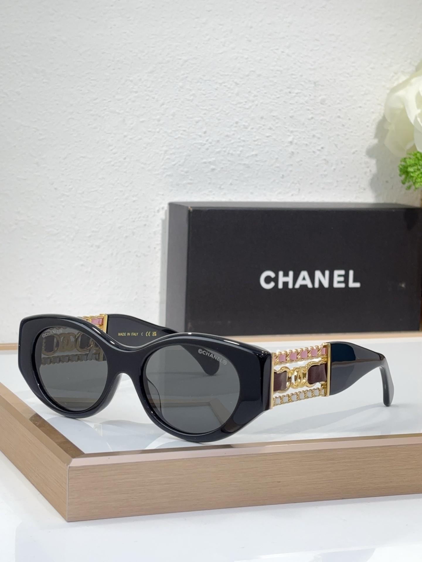Chanel Oval Sunglasses with Gold CC, Pink Accents & Chain - Link Temples (Model: CH5536)