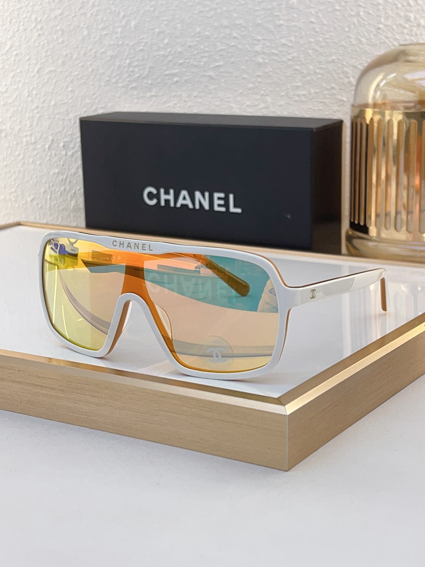 Chanel Shield - Shaped Sunglasses with White Acetate & Mirrored Gradient Lenses (Model: CH5525)