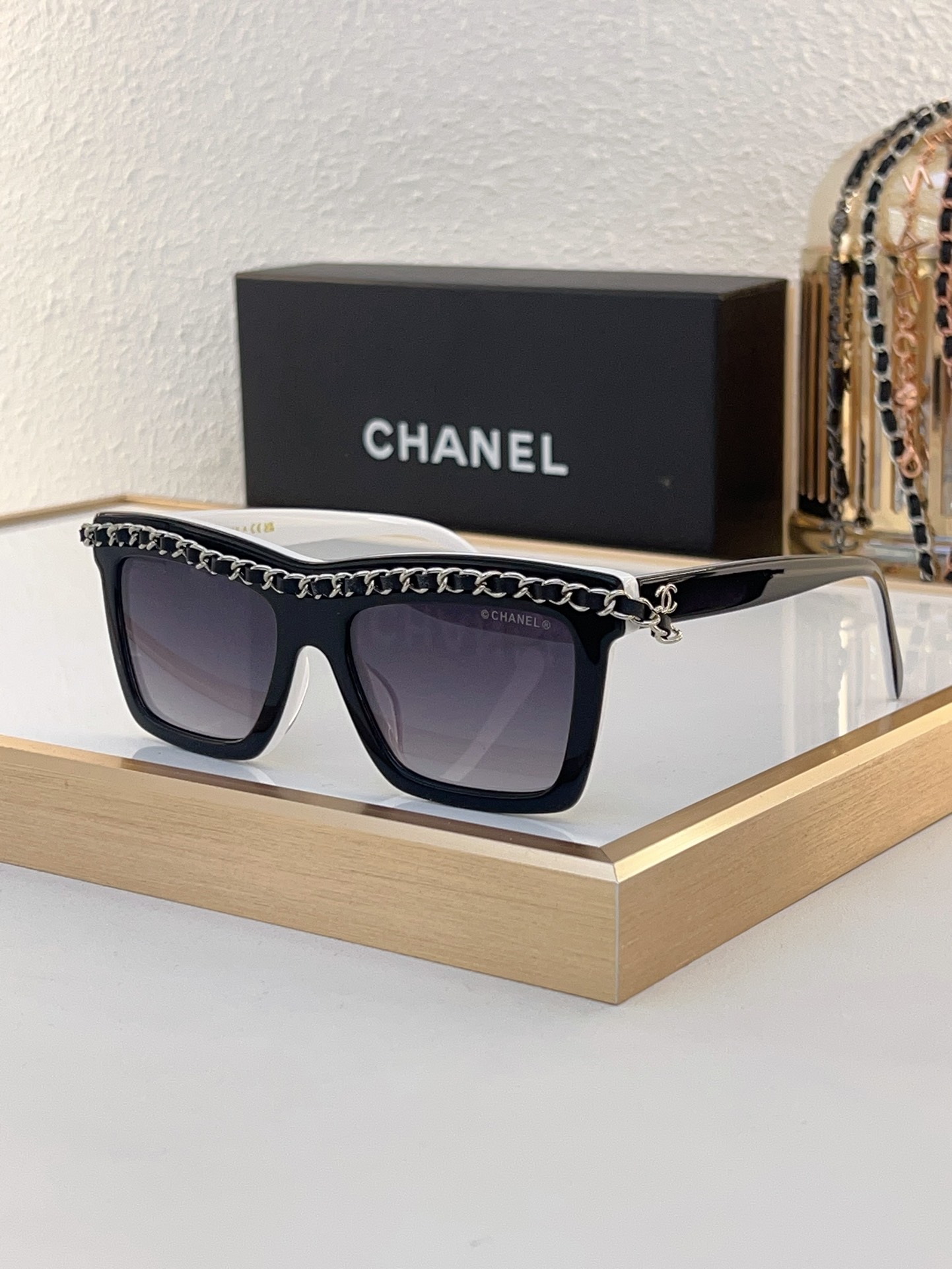 Chanel Square Sunglasses with Gold Chain - Trimmed White Acetate (Model: CH5523)