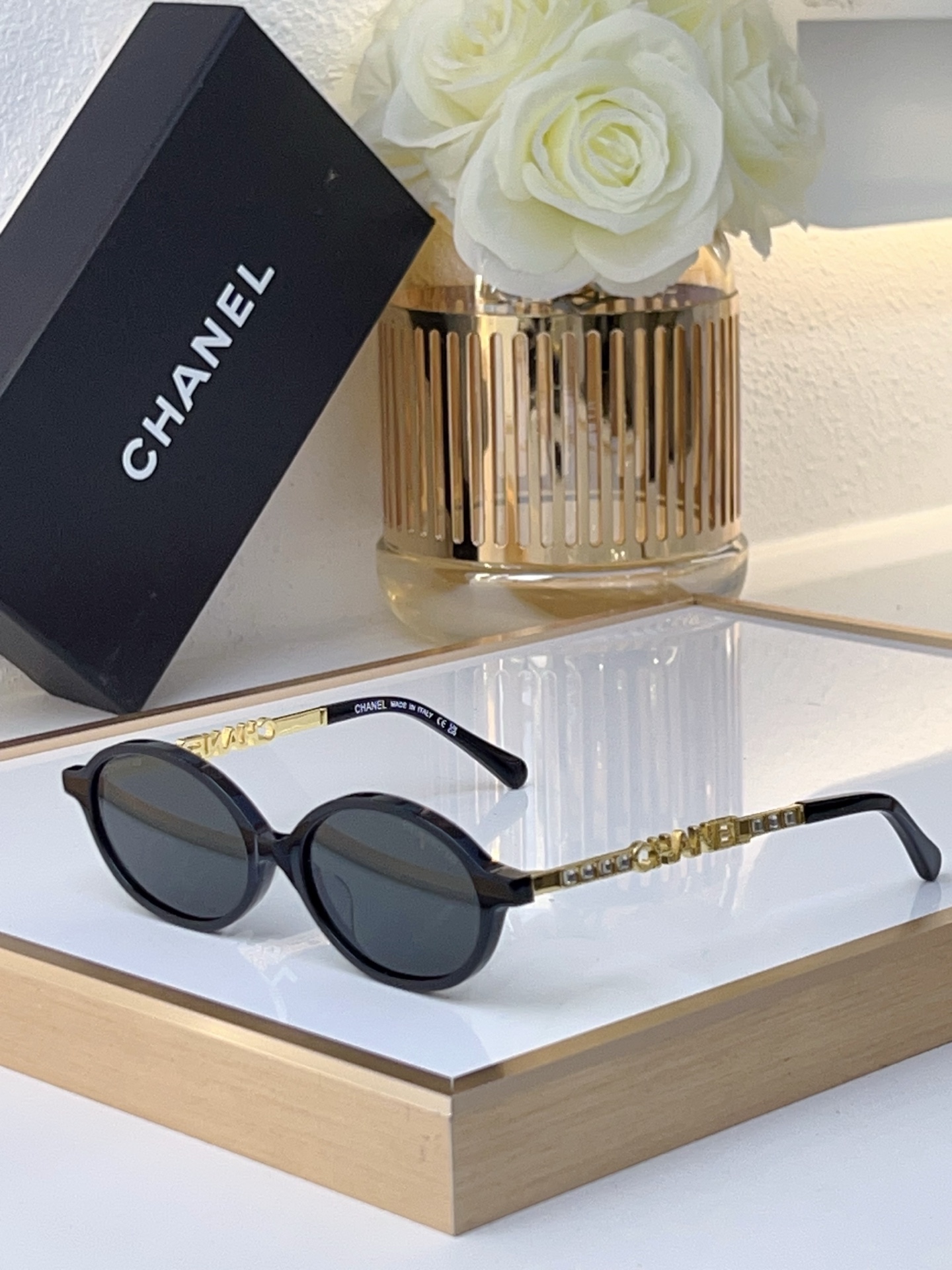 Chanel Oval Sunglasses with Crystal - Embellished Gold CHANEL Accents (Model: CH5518)