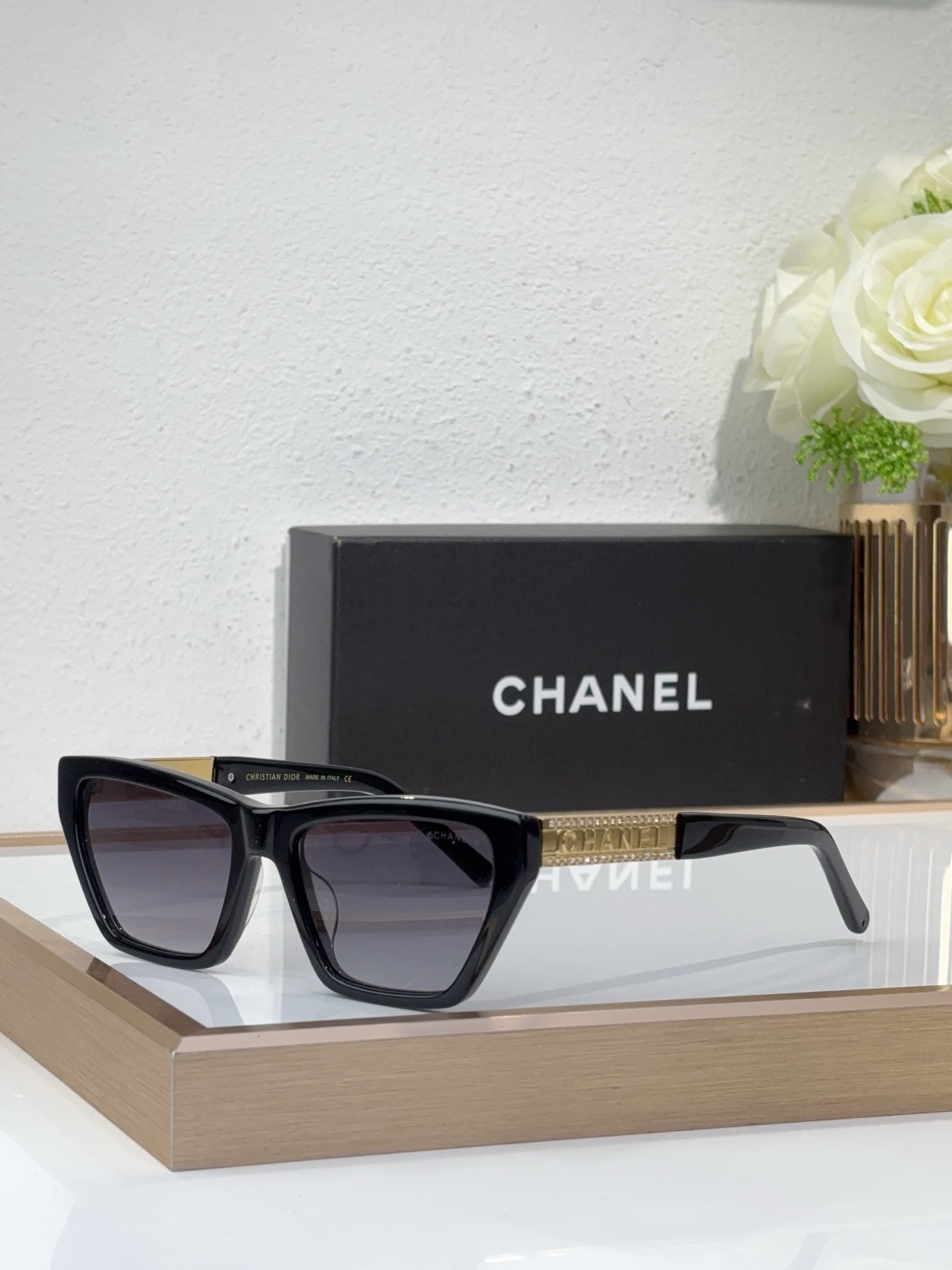 Chanel Cat-Eye Sunglasses with Gold-Tone CHANEL Accents (Model: CH5517)
