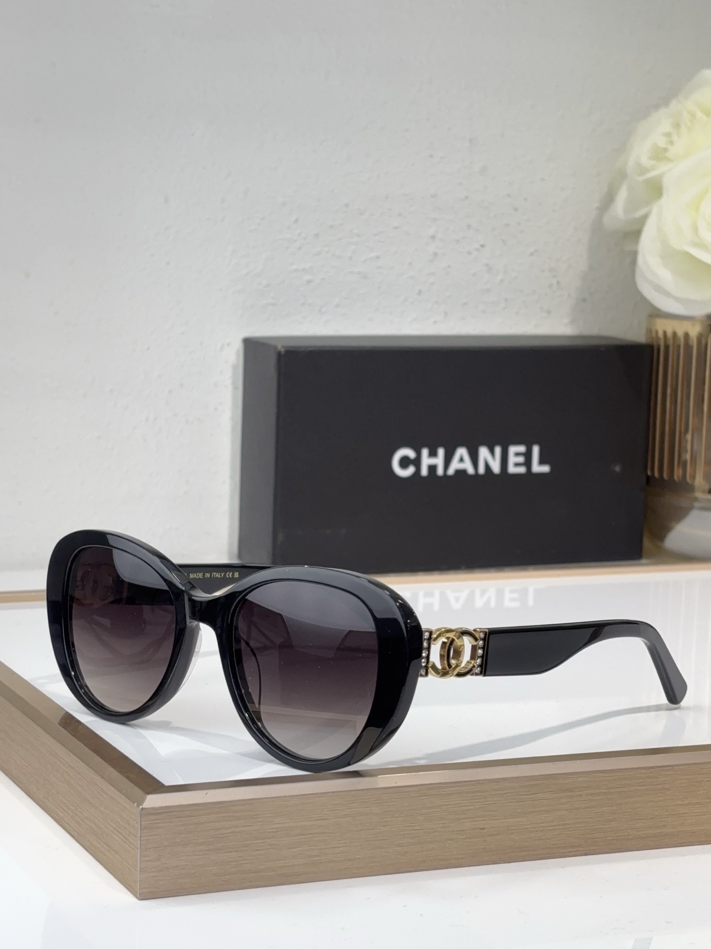 Chanel Oval Sunglasses with Crystal - Embellished Gold CC Accents (Model: CH5514)