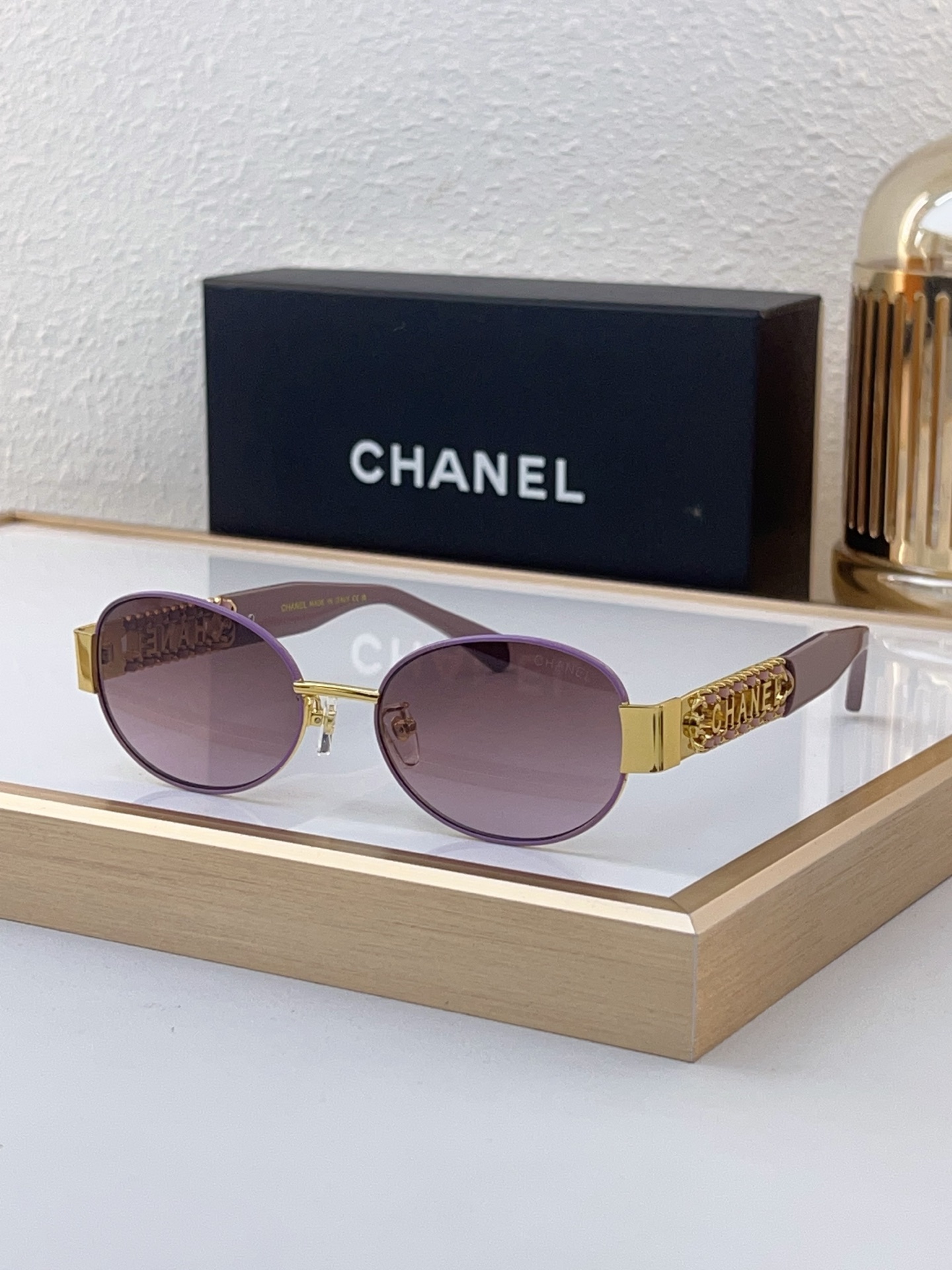 Chanel Oval Sunglasses with Gold - Plated CHANEL Accents & Purple Frames (Model: CH5513)