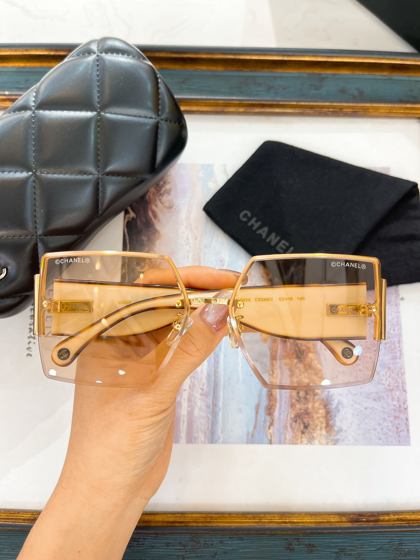 Chanel Hexagonal Rimless Sunglasses with Gold Metal & Gradient Beige Lenses (Model: CH4291)
