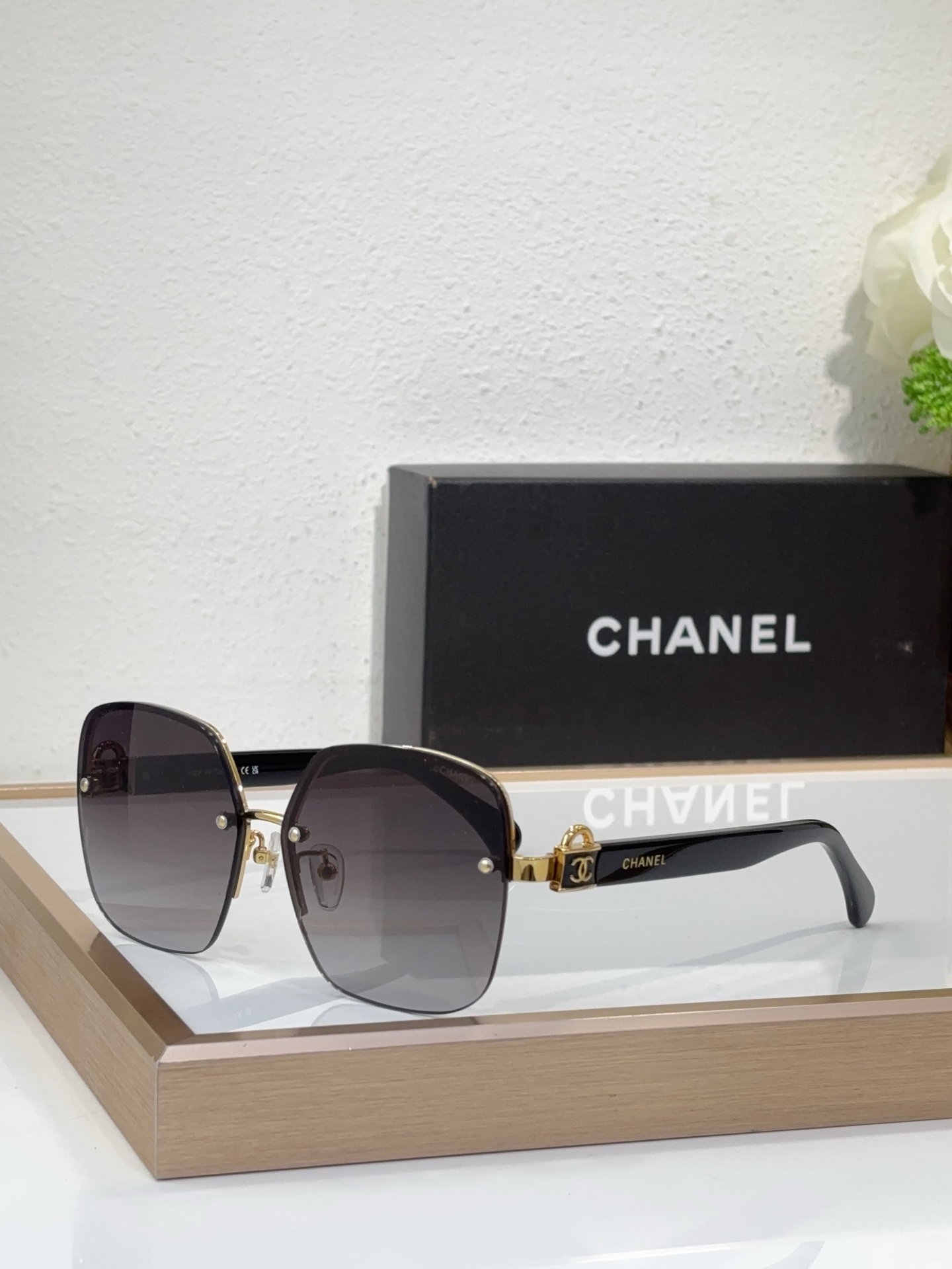 Chanel Square Semi - Rimless Sunglasses with Gold - Pearl & CC Accents (Model: CH4288)