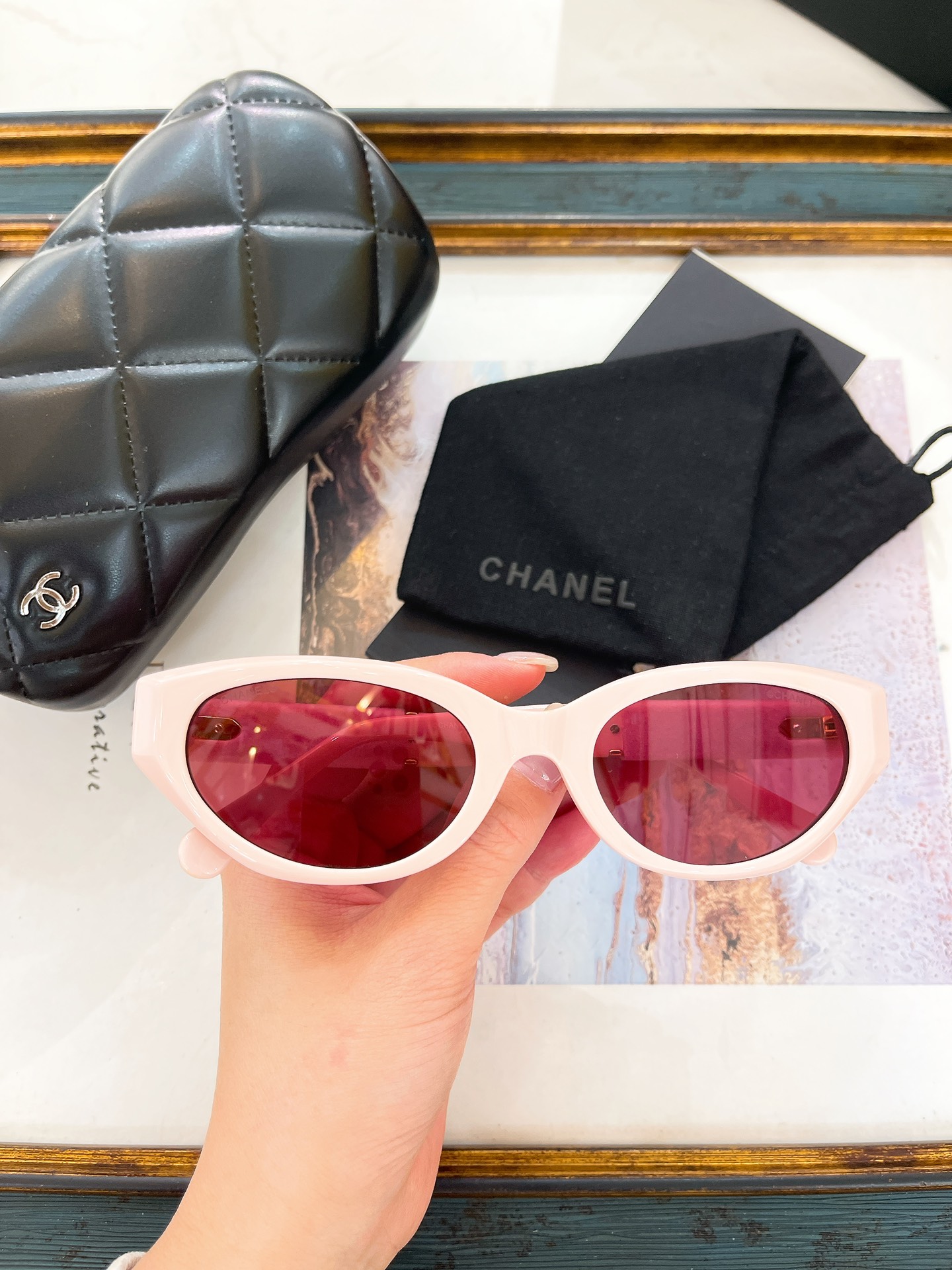 Chanel Cat - Eye Sunglasses with Pink Acetate & Red Lenses (Model: CH5498)