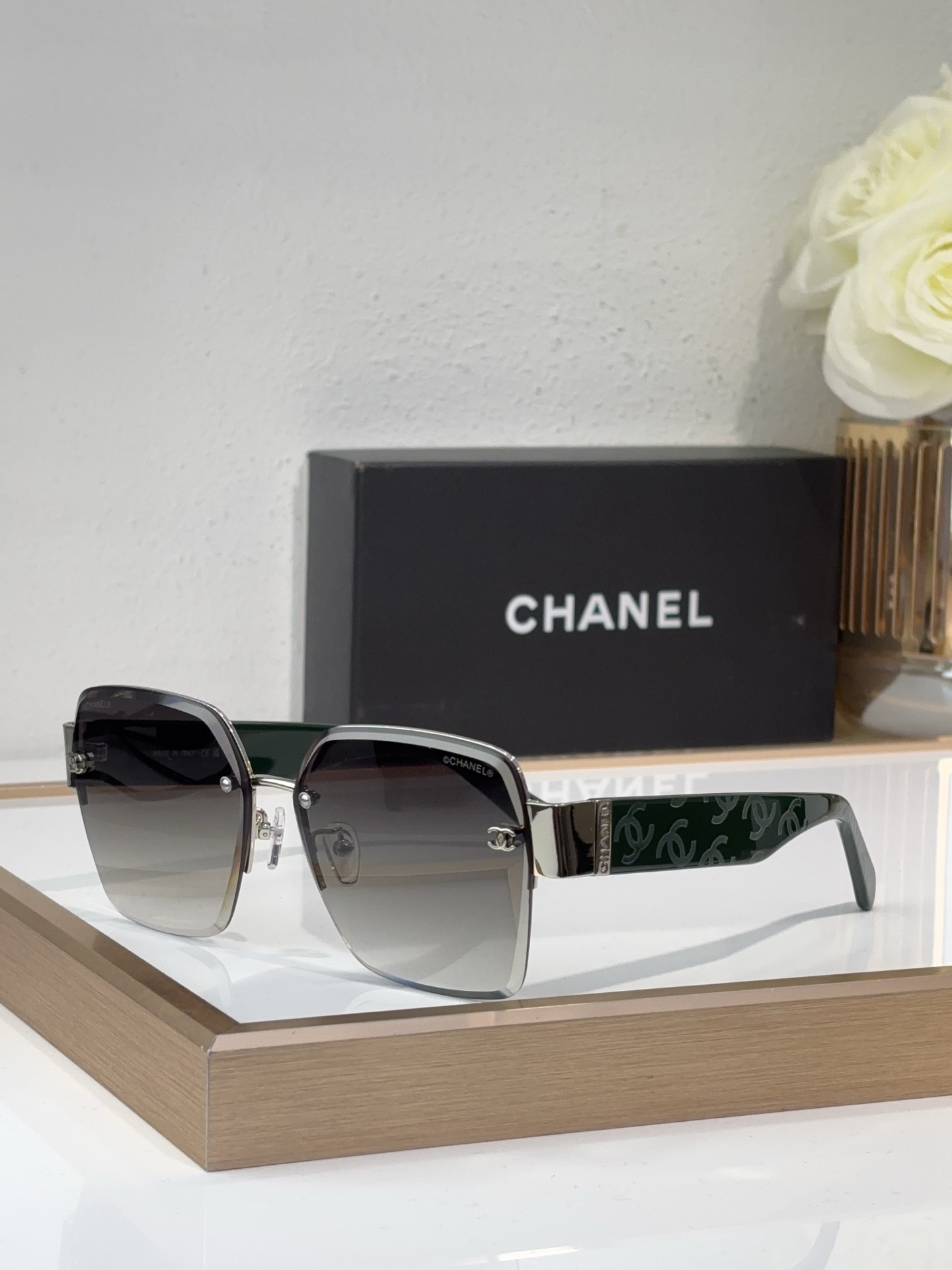 Chanel Hexagonal Semi - Rimless Sunglasses with Green CC - Patterned Temples (Model: CH4287)