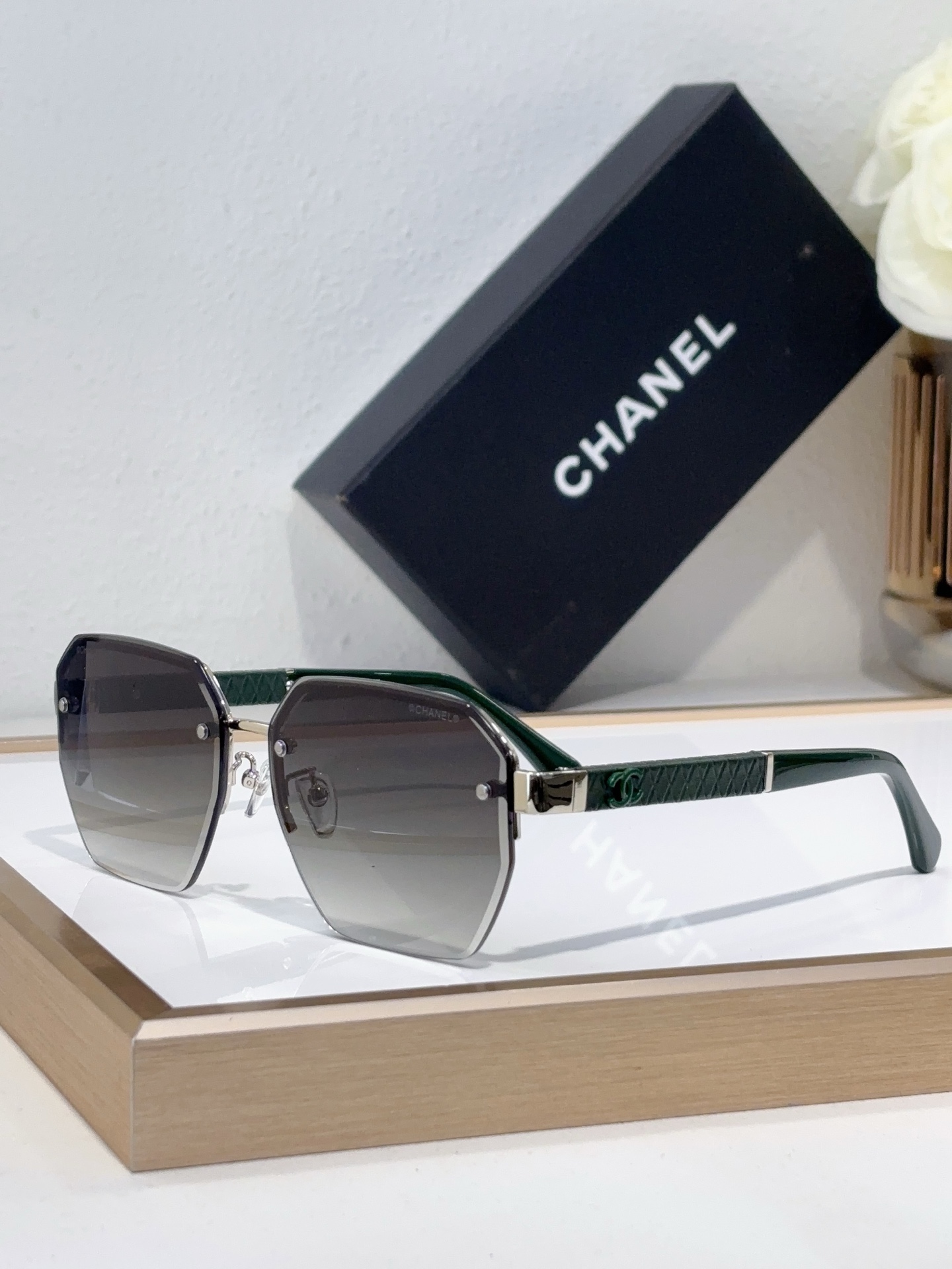 Chanel Hexagonal Sunglasses with Metal & Green Quilted Leather Temples (Model: CH4285)