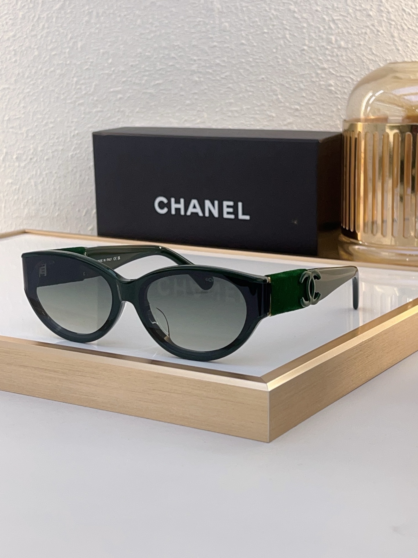 Chanel Cat - Eye Sunglasses with Green Velvet & Gold CC Accents (Model: CH5493)