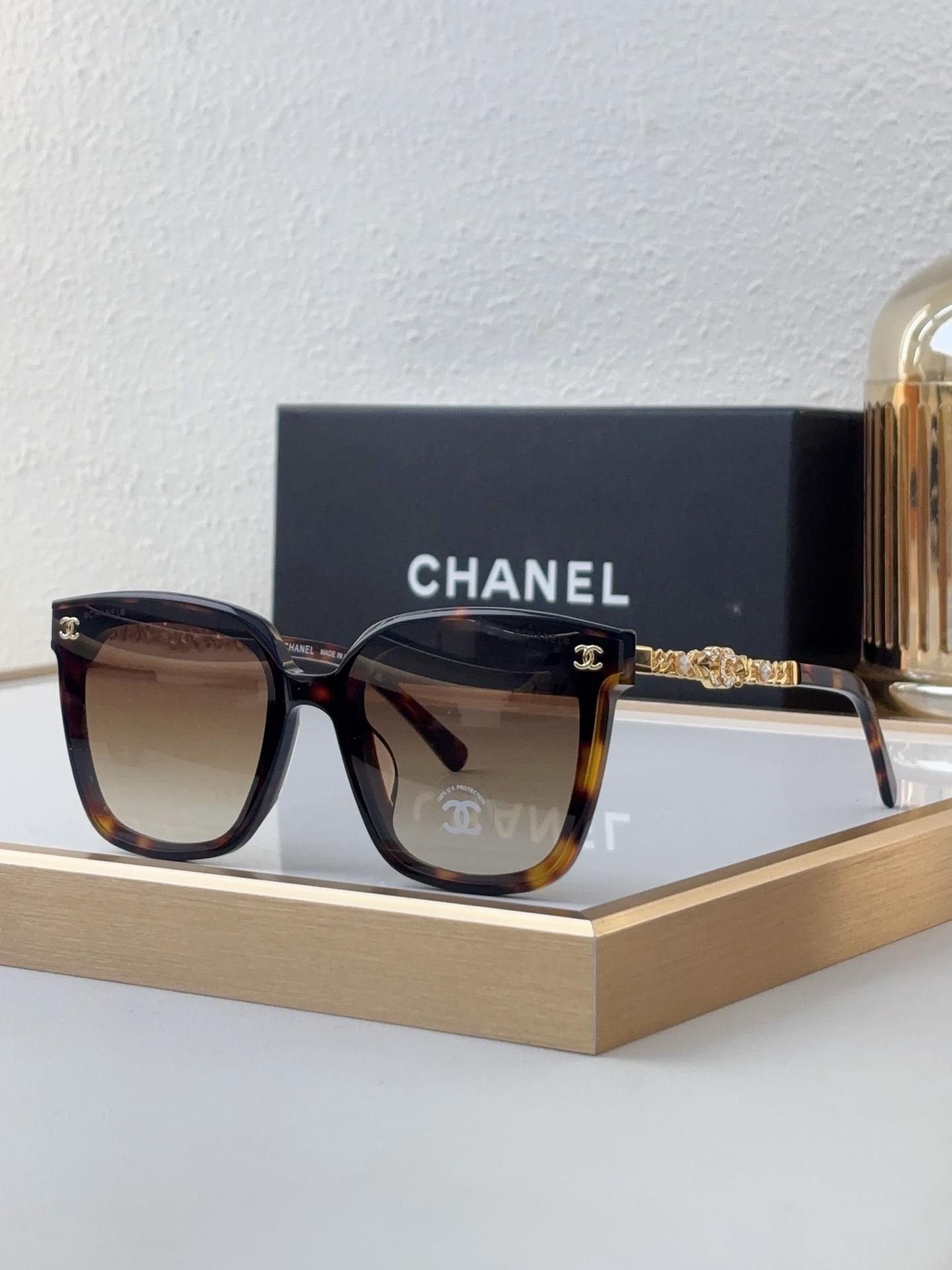 Chanel Square Sunglasses with Tortoiseshell Acetate & Crystal - Chain Temples (Model: CH5488)