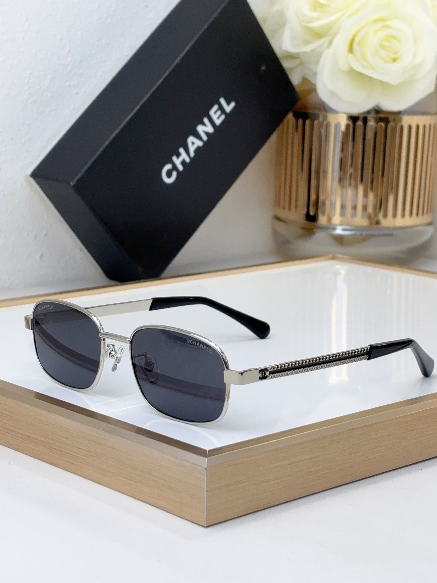 Chanel Rectangular Metal Sunglasses with Chain - Link Temples (Model: CH4283)