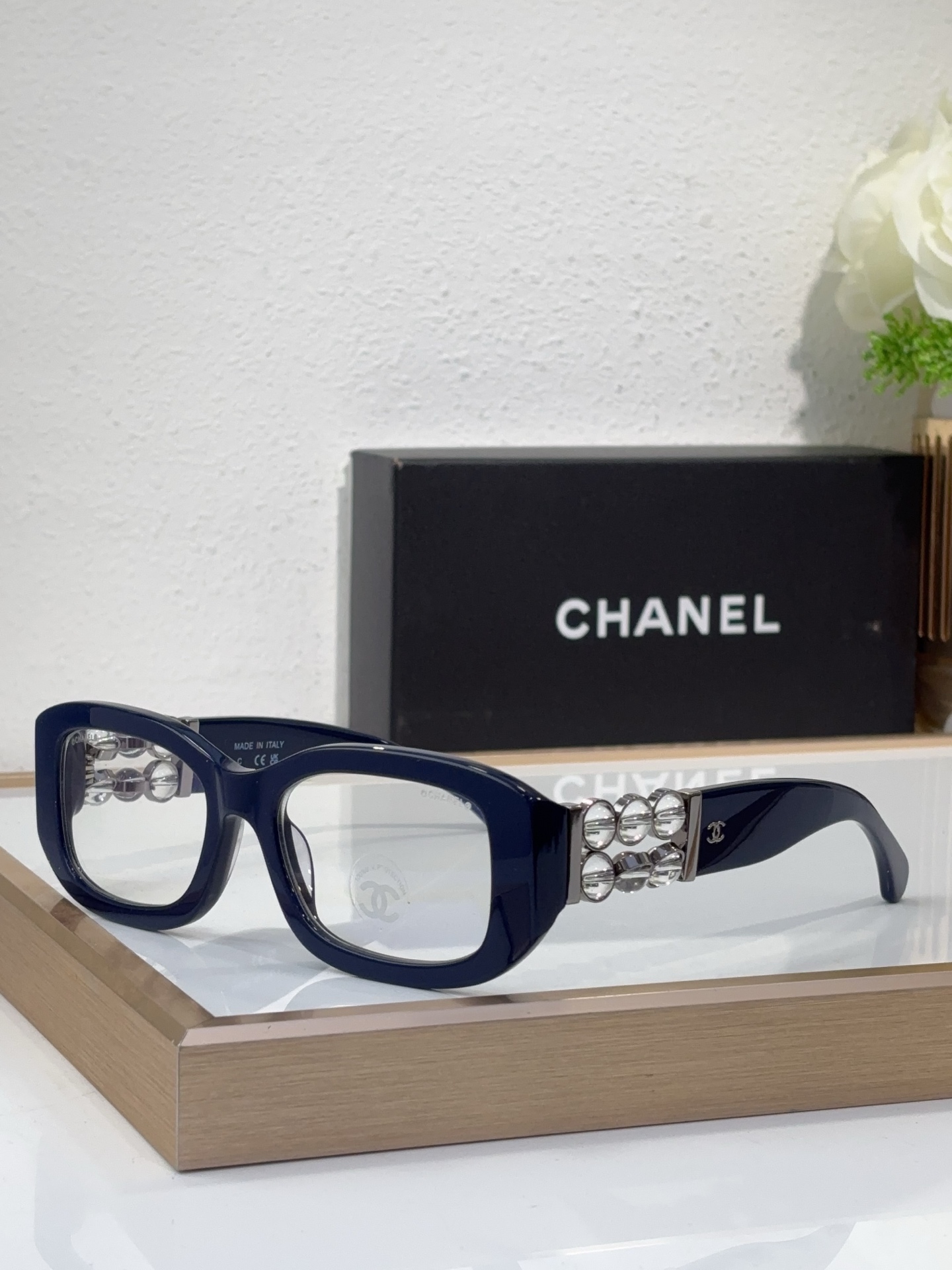 Chanel Rectangular Optical Frames with Crystal - Chain Temple Detailing (Model: CH3410)