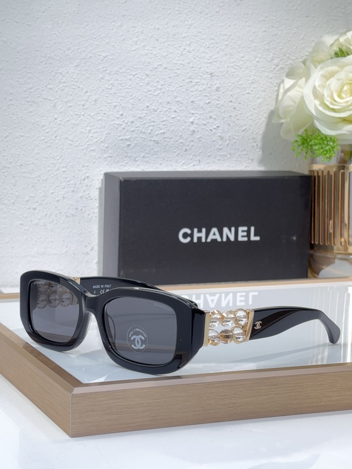 Chanel Square Sunglasses with Pearl - Chain Temple Detailing (Model: CH5479)