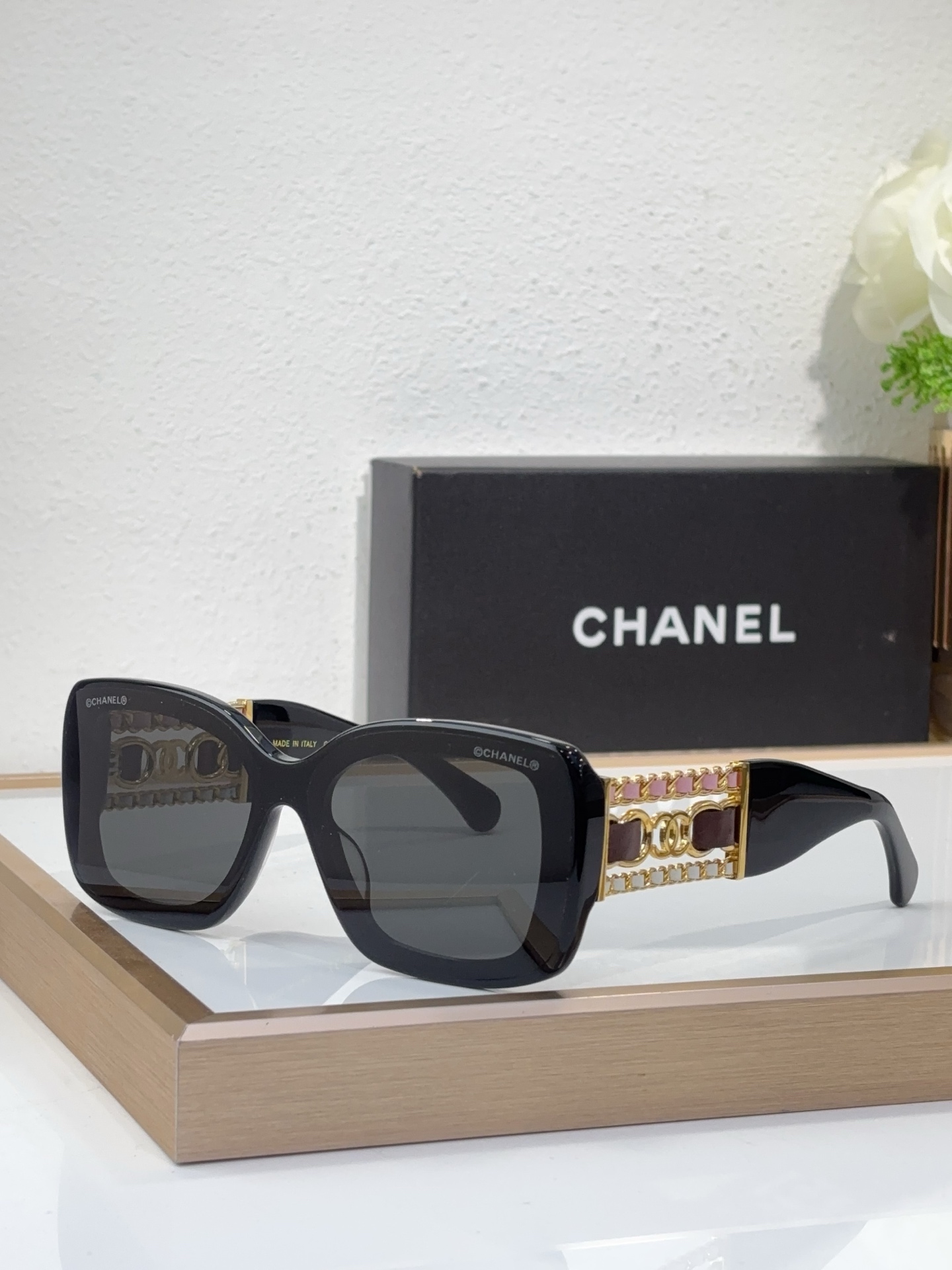 Chanel Black Acetate Square Sunglasses with Gold - Chain, Pink Resin & CC Motif Temples (Model: CH5640)