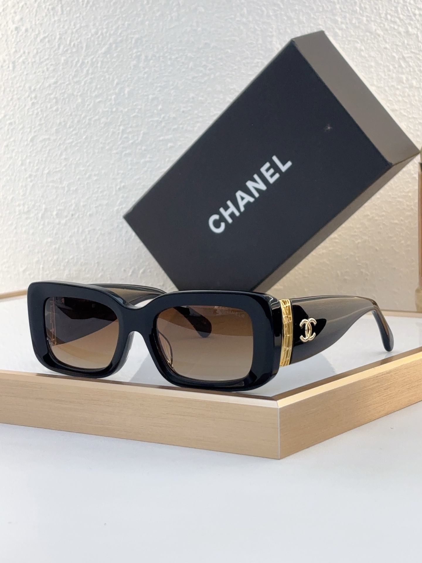 Chanel Black Acetate Square Sunglasses with Gold - Trimmed Temples & CC Motif (Model: CH5636)