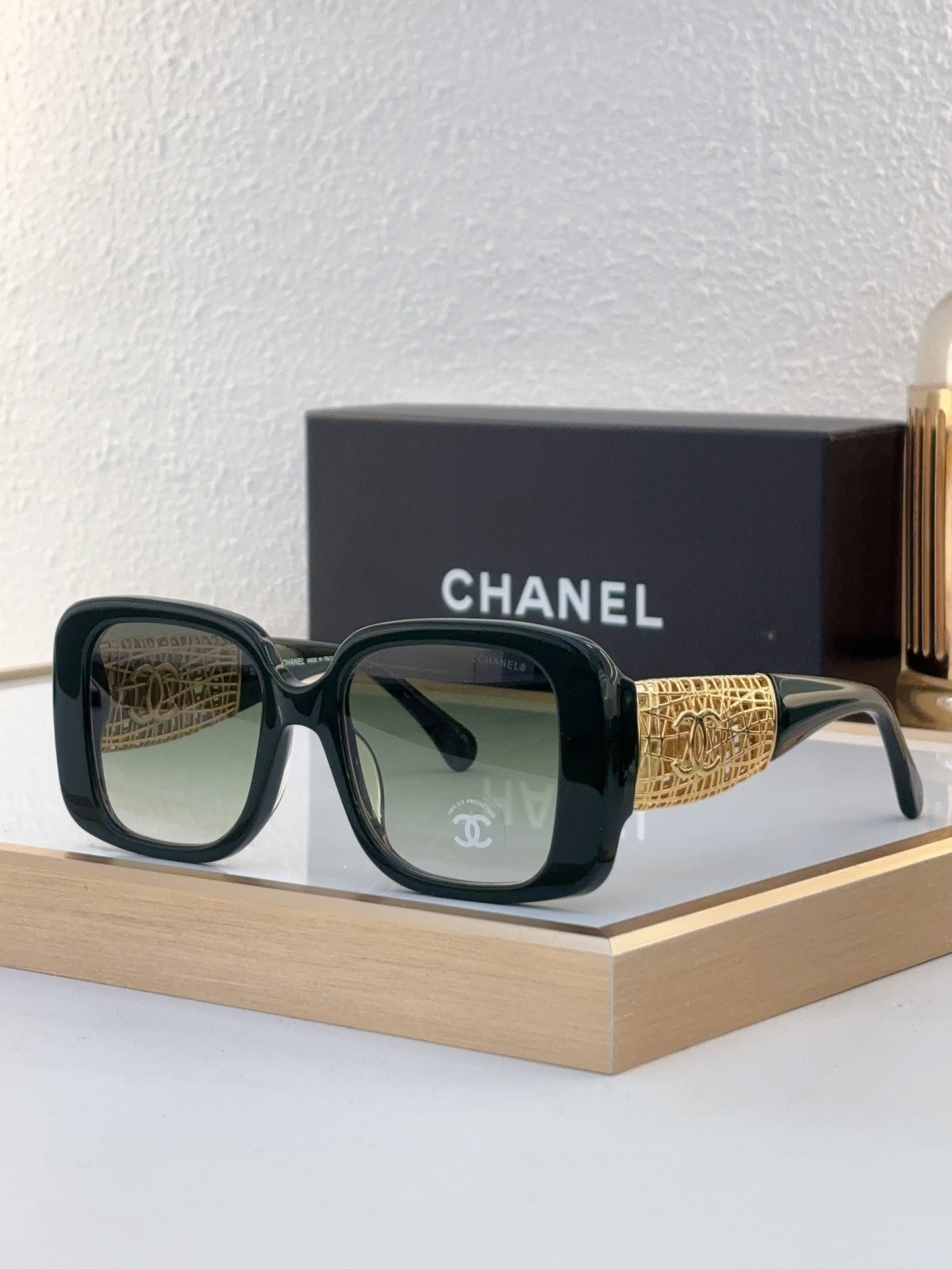 Chanel Dark Green Acetate Square Sunglasses with Gold Woven - Metal Temples & CC Motif (Model: CH5631)