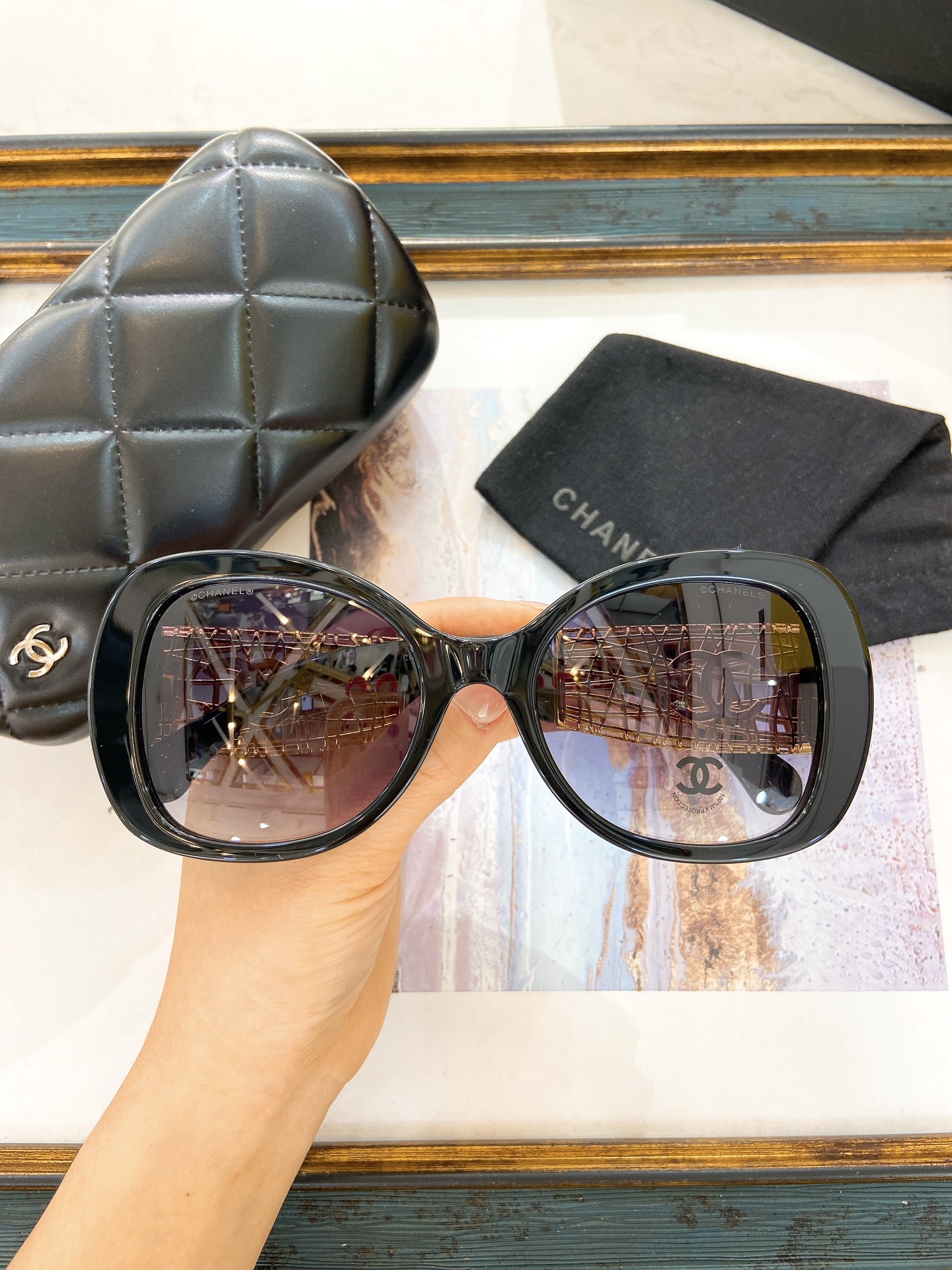 Chanel Black Acetate Oval - Square Sunglasses with Gold Woven - Metal Temples & CC Motif (Model: CH5630)