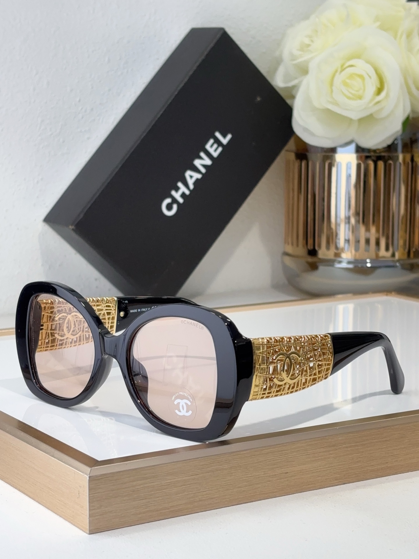 Chanel Black Acetate Oval - Square Sunglasses with Gold Woven - Metal Temples & CC Motif (Model: CH5630)