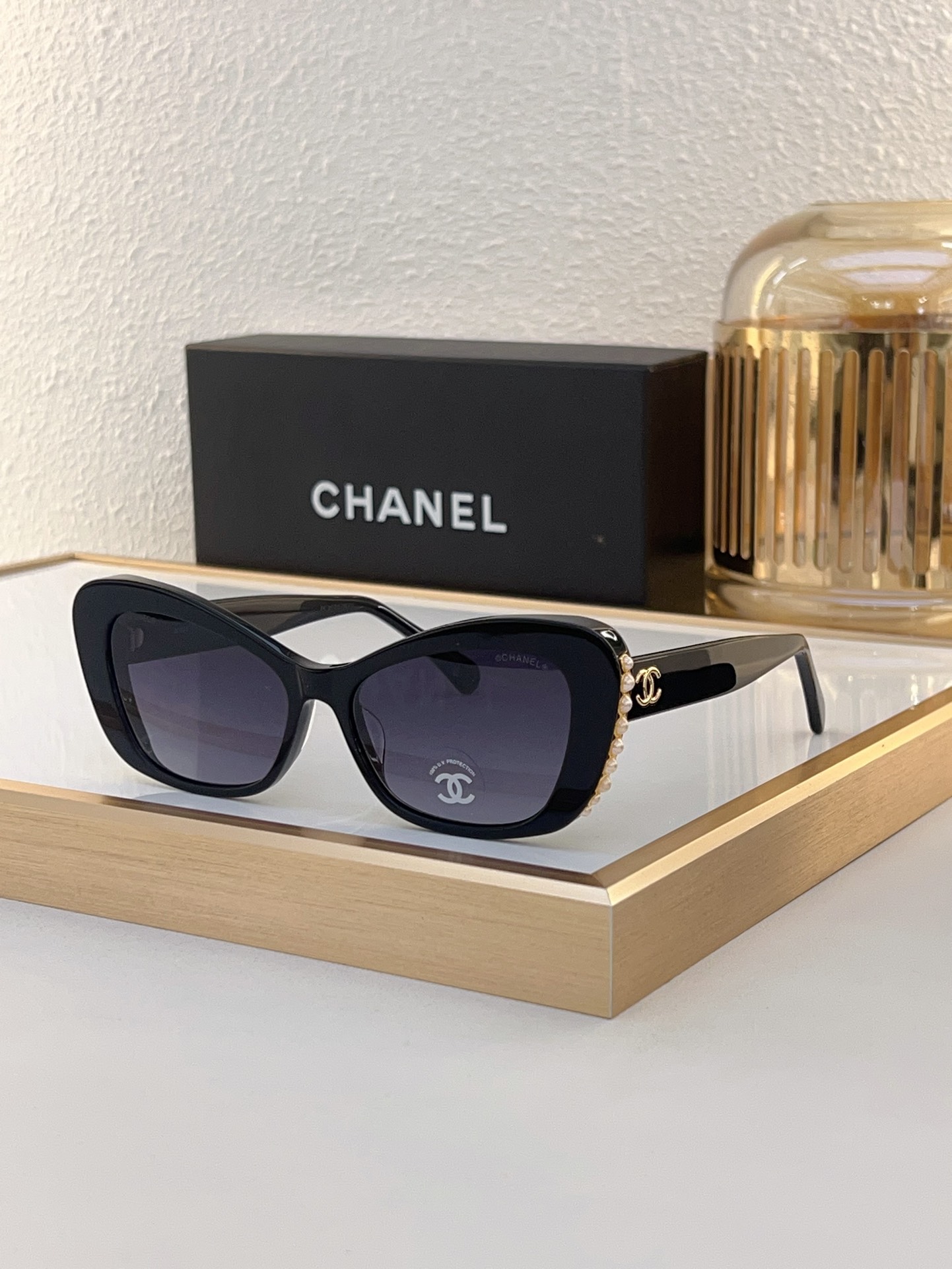 Chanel Tortoise Acetate Cat - Eye Sunglasses with Pearl & Gold CC Motif (Model: CH5623)