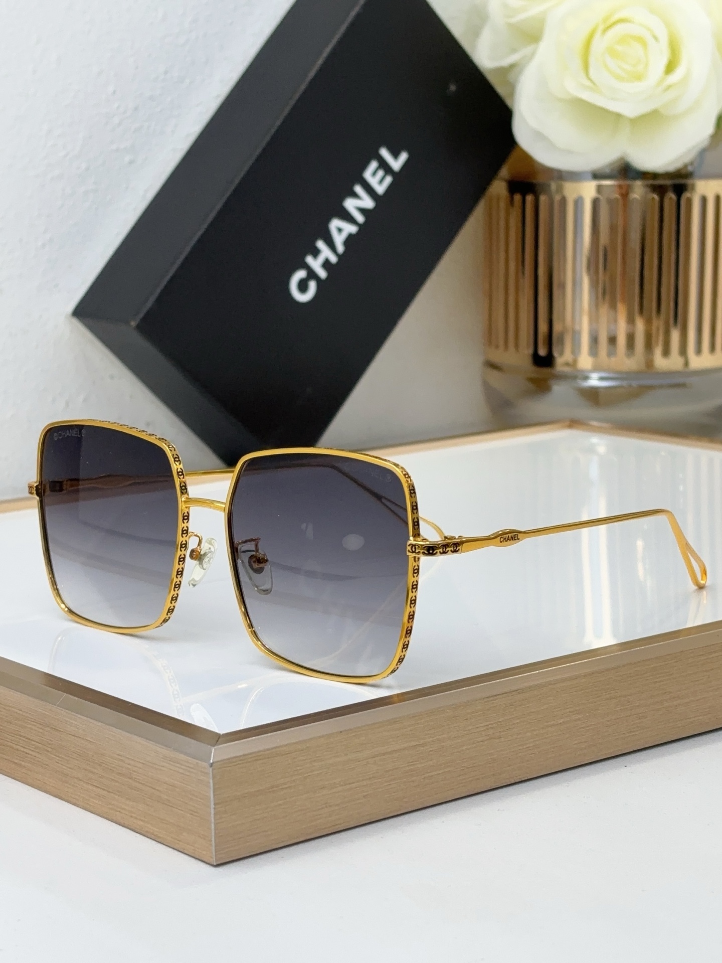 Chanel Gold - Tone Metal Square Sunglasses with Chain - Textured Frames (Model: CH4220)