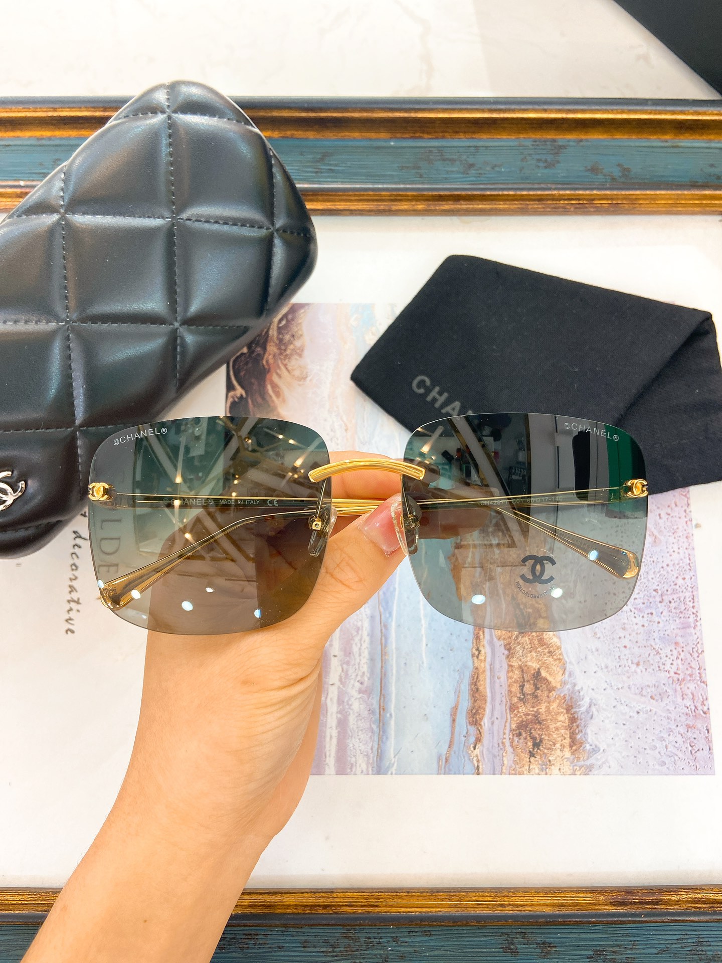 Chanel Gold - Tone Rimless Square Sunglasses with Gradient Lenses (Model: CH4218)