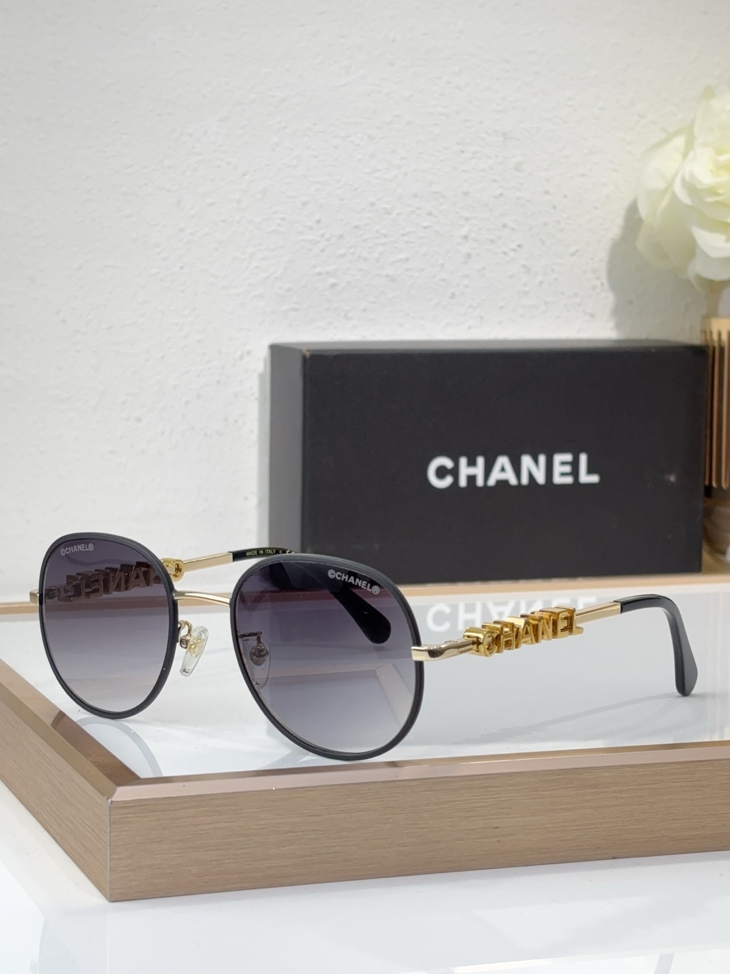 Chanel Gold - Tone & Black Metal Round Sunglasses with Logo - Embellished Temples (Model: CH4216)