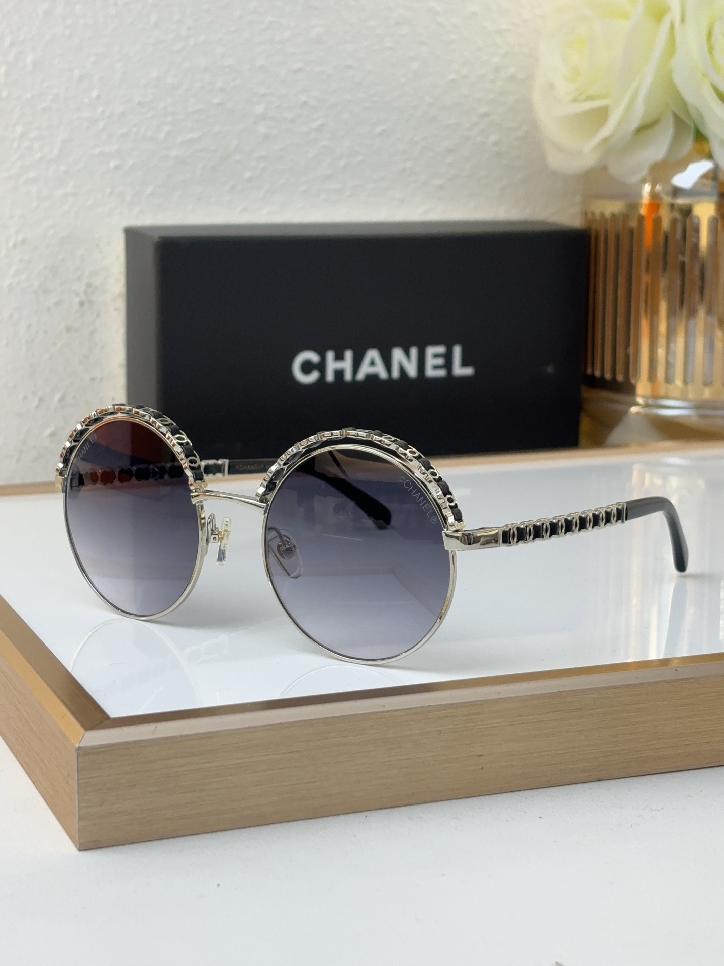 Chanel Silver - Tone Metal Round Sunglasses with Chain - Embellished Frames (Model: CH4214) Description