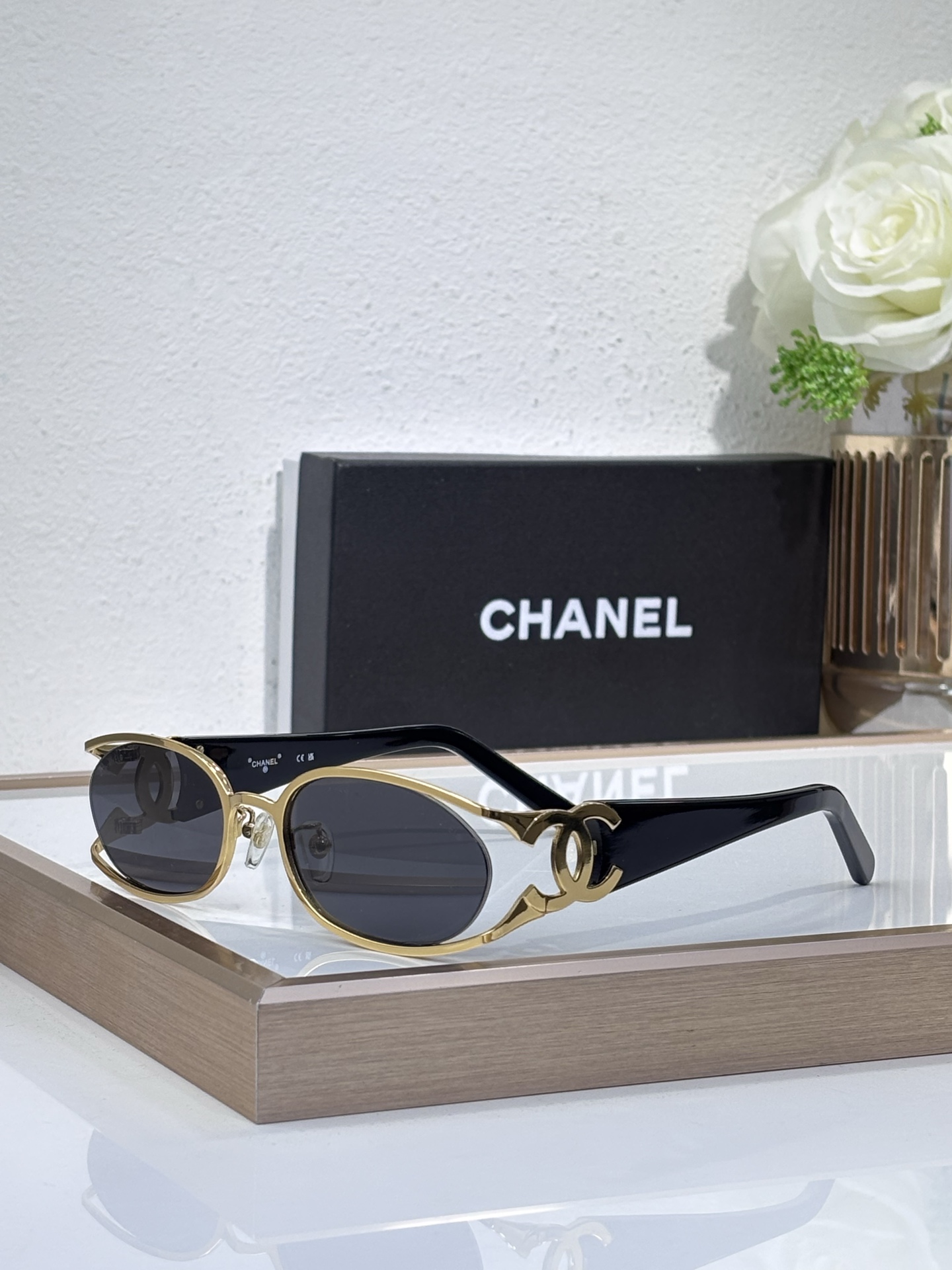 Chanel Gold - Tone Metal & Black Acetate Oval Sunglasses with Oversized CC Motif (Model: CH4211)