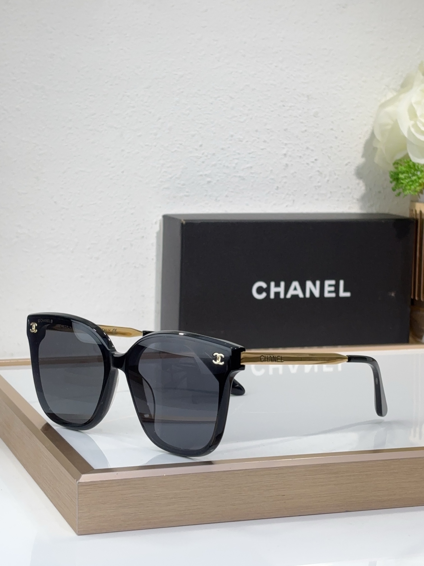 Chanel Black Acetate Square - Cat Eye Sunglasses with Gold - Tone CC Motif (Model: CH5617)