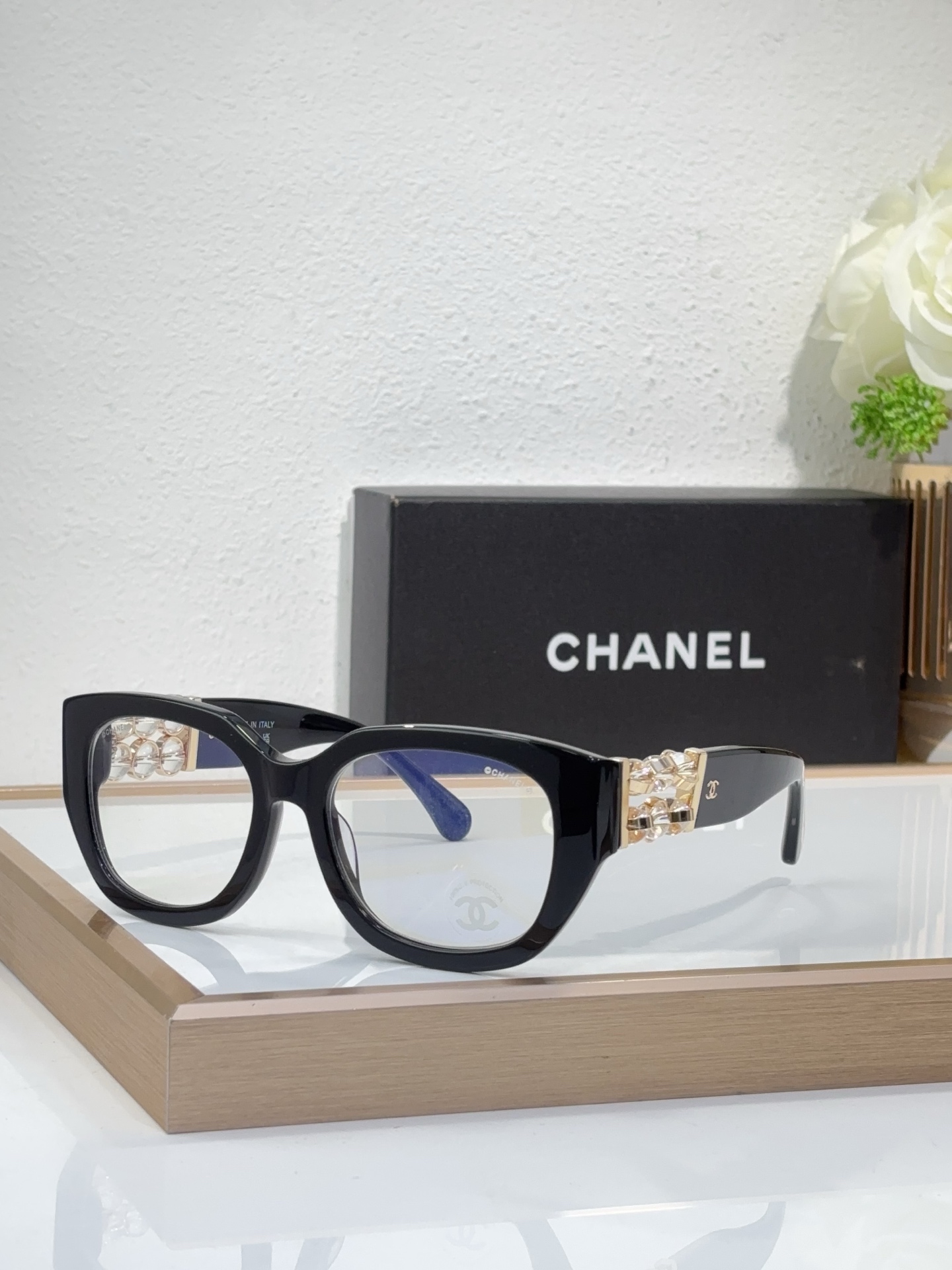 Chanel Black Acetate Cat - Eye Optical Glasses with Gold - Chain & Pearl Motif (Model: CH3461)