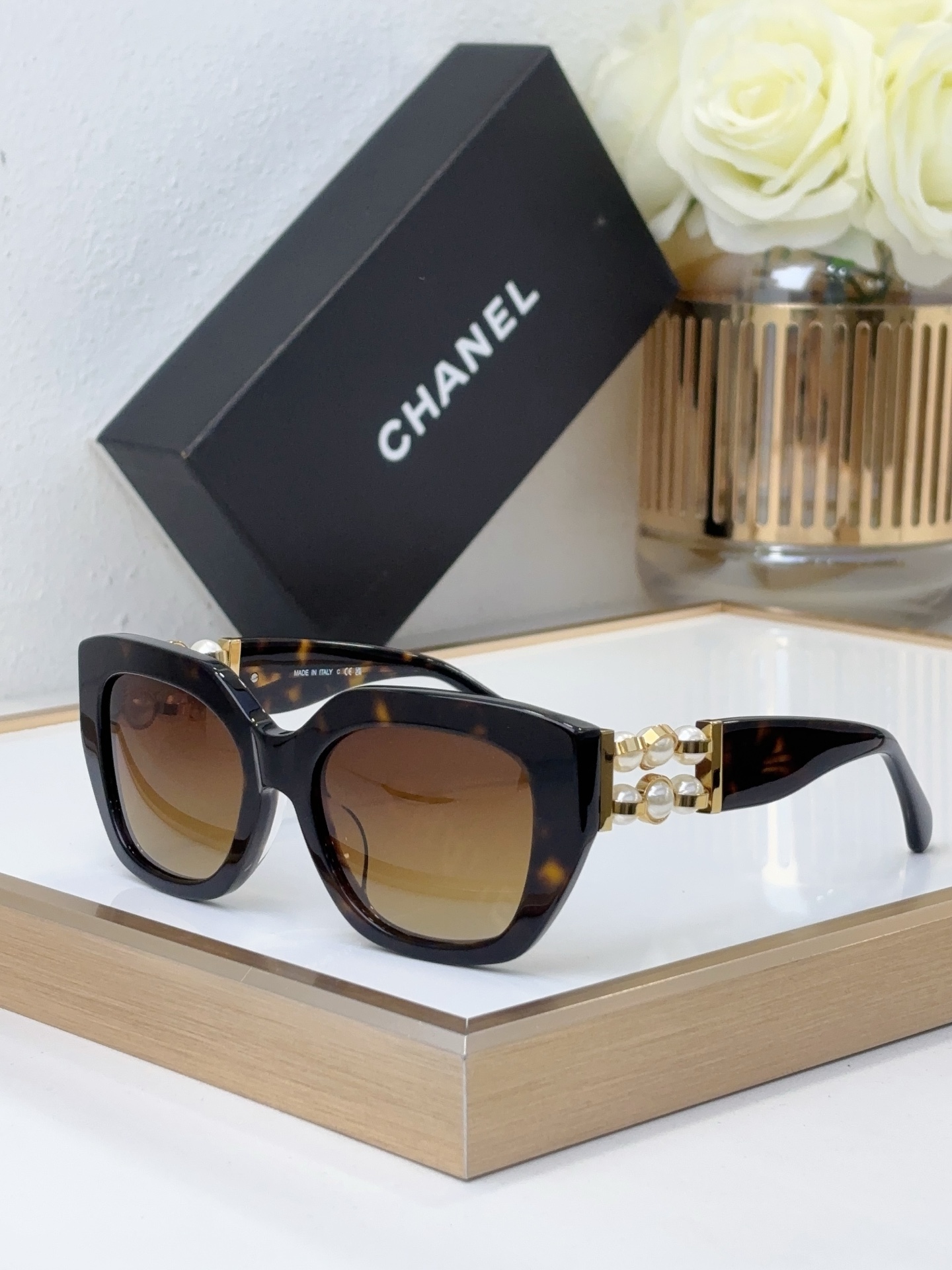 Chanel Tortoiseshell Acetate Cat - Eye Sunglasses with Pearl & Gold - Tone Motif (Model: CH5614)