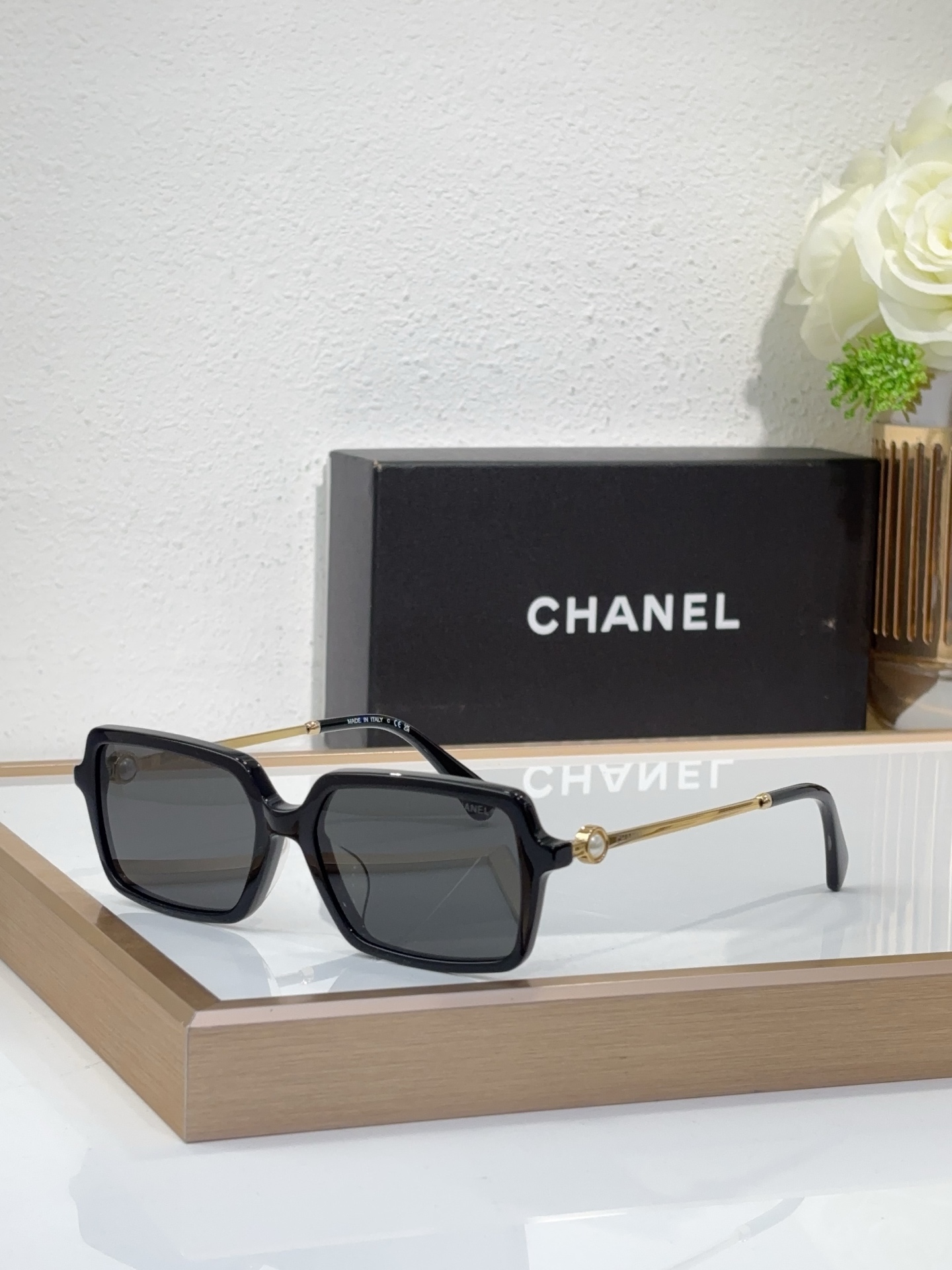 Chanel Black Acetate Square Sunglasses with Gold - Tone Circular Motif (Model: CH5613)