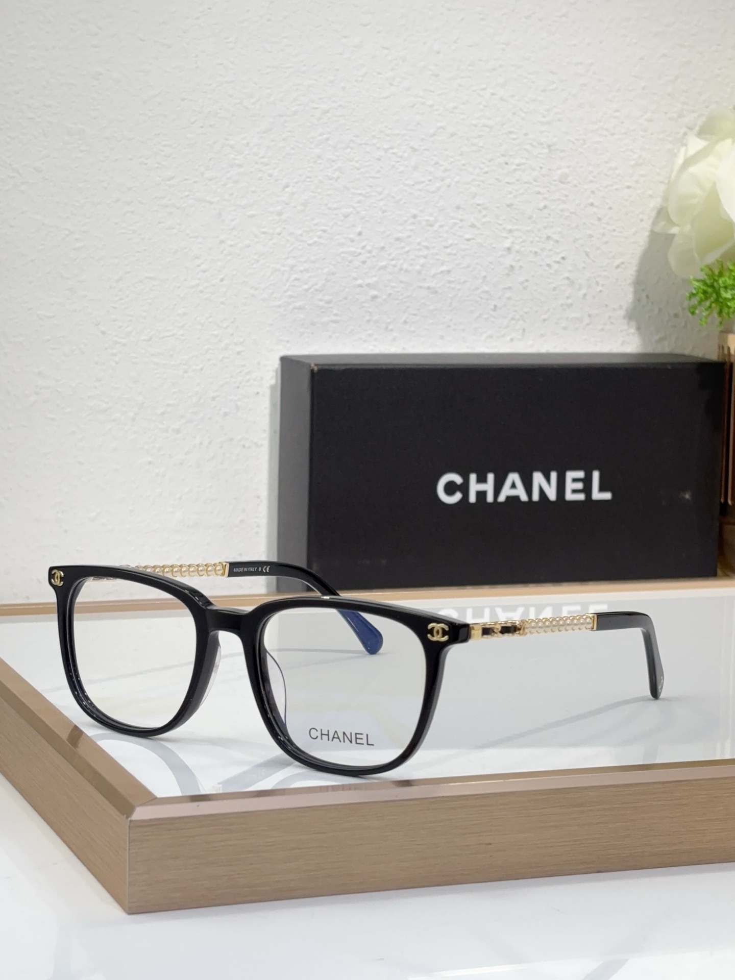 Chanel Black Acetate Square Optical Glasses with Gold - Chain & CC Motif (Model: CH0196)