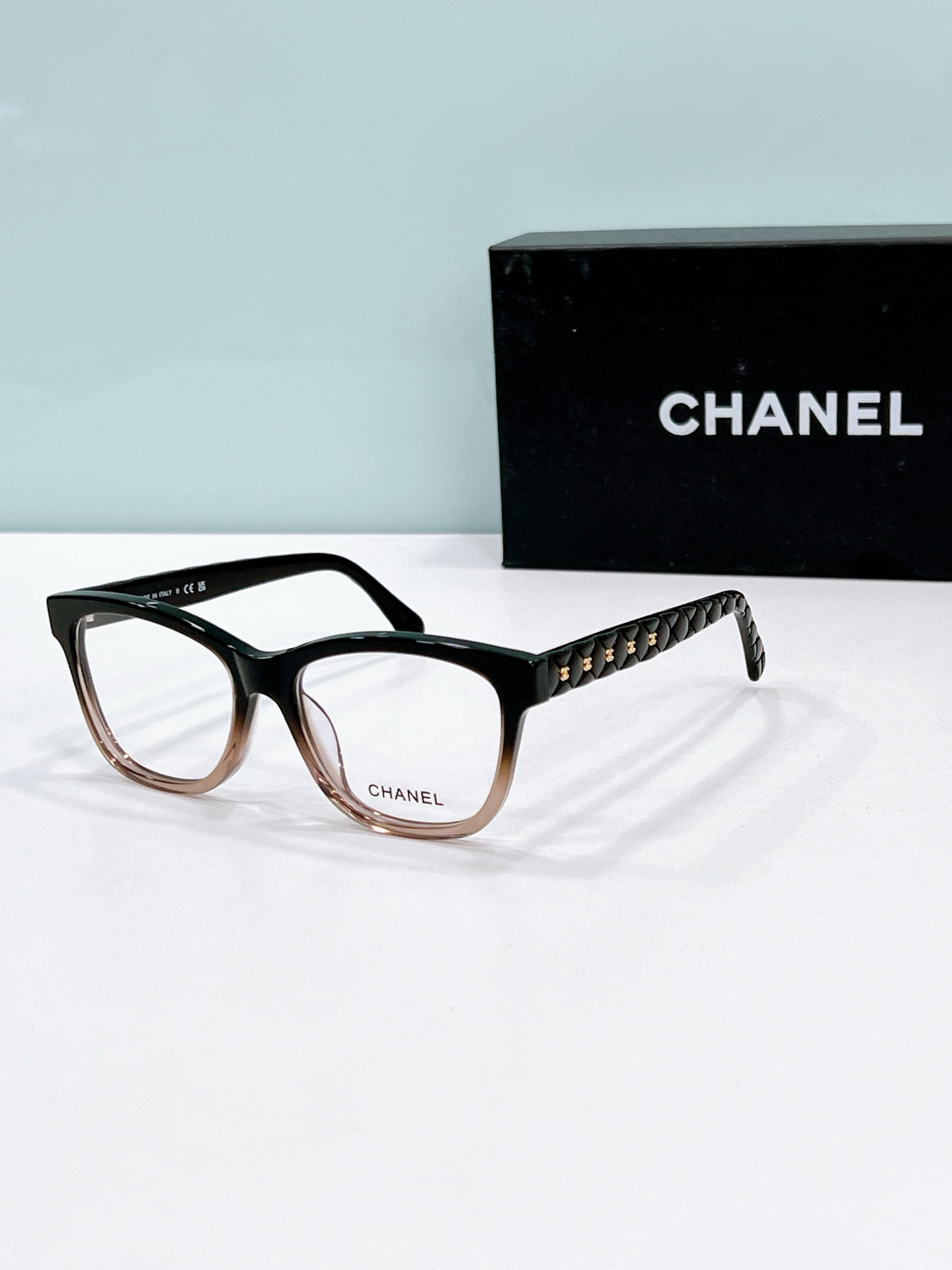 Chanel Black - To - Brown Acetate Square Optical Glasses with Quilted Temples & Gold Rivets (Model: CH0194)