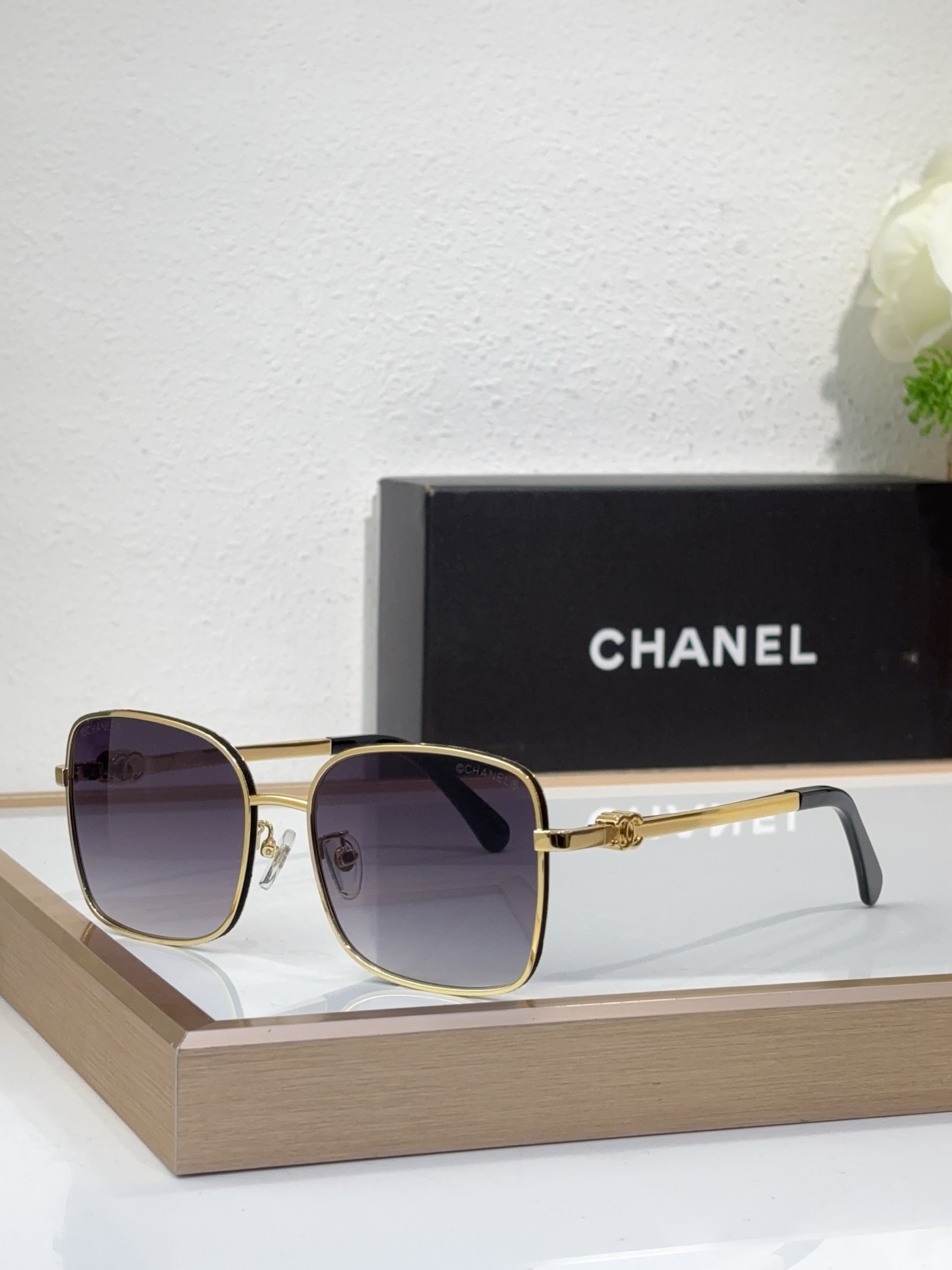 Chanel Square Gold - Tone Metal Sunglasses with CC Motif & Gradient Blue Lenses (Model: CH5606)