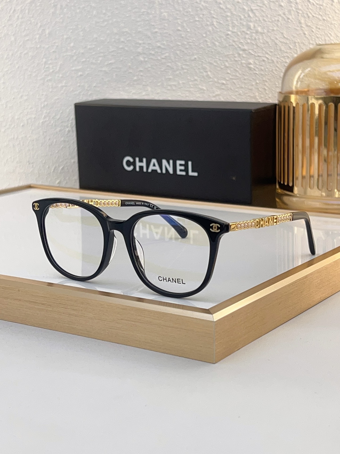 Chanel Gray Acetate Round Optical Glasses with Metal Chain & CC/“CHANEL” Motif (Model: CH0191)