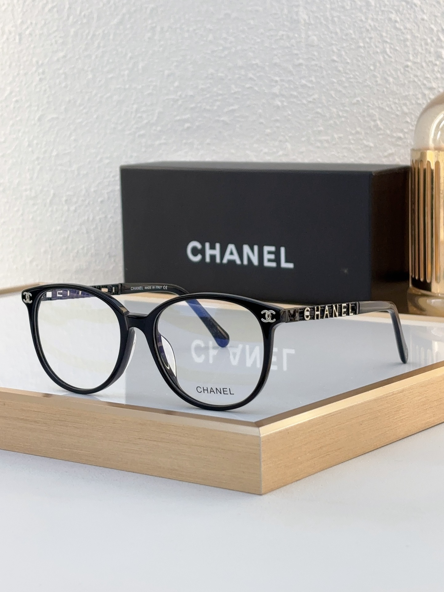 Chanel Black Acetate Round Optical Glasses with Gold - Tone CC & "CHANEL" Motif (Model: CH0190)