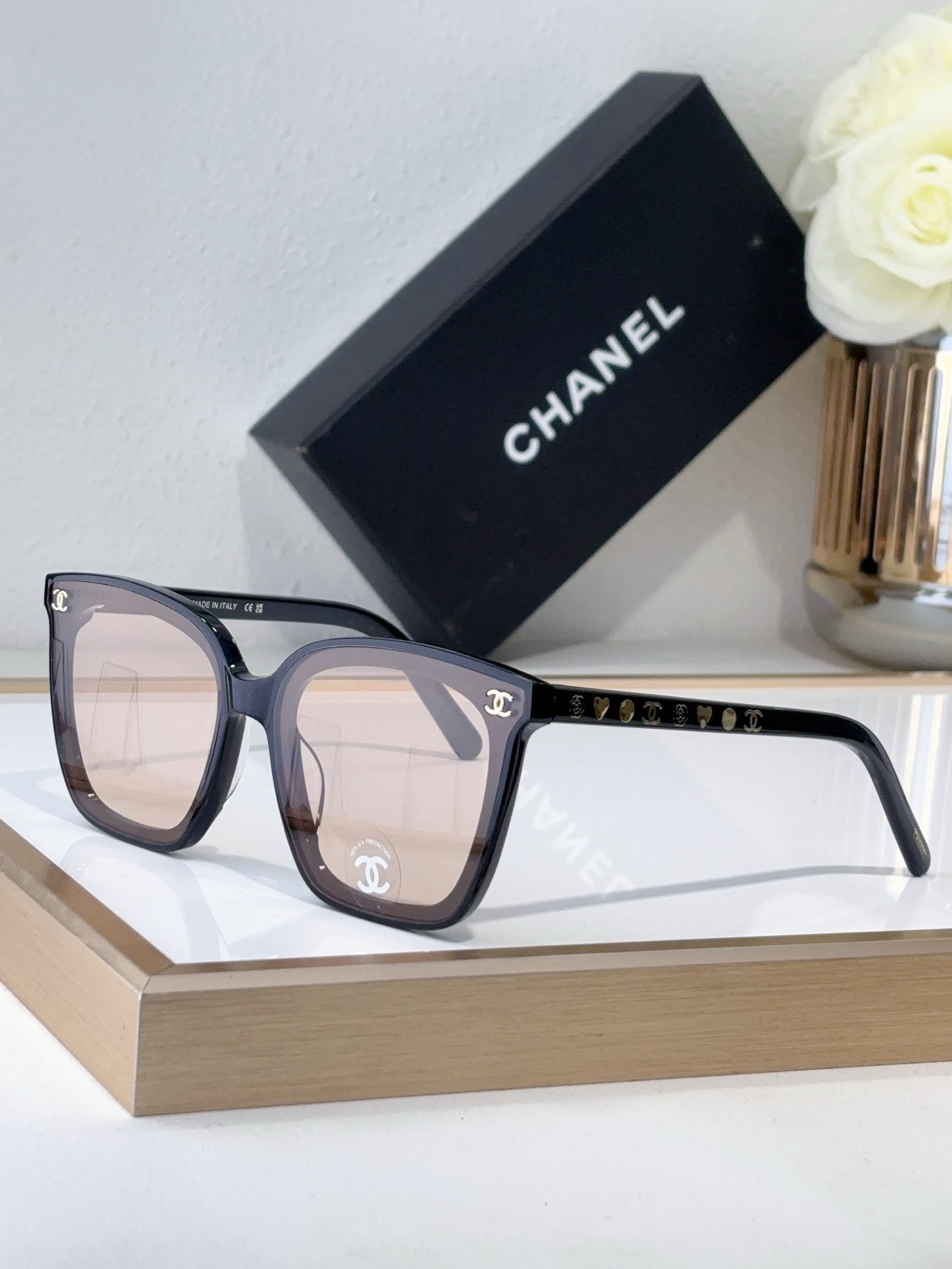 Chanel Black Acetate Square Sunglasses with Gold - Tone CC & Heart Motif (Model: CH5595)