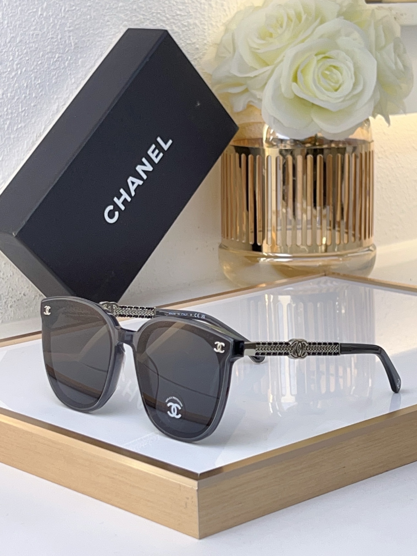 Chanel Two - Tone (Black & White) Acetate Square Sunglasses with Crystal - Accented CC Motif (Model: CH5592)