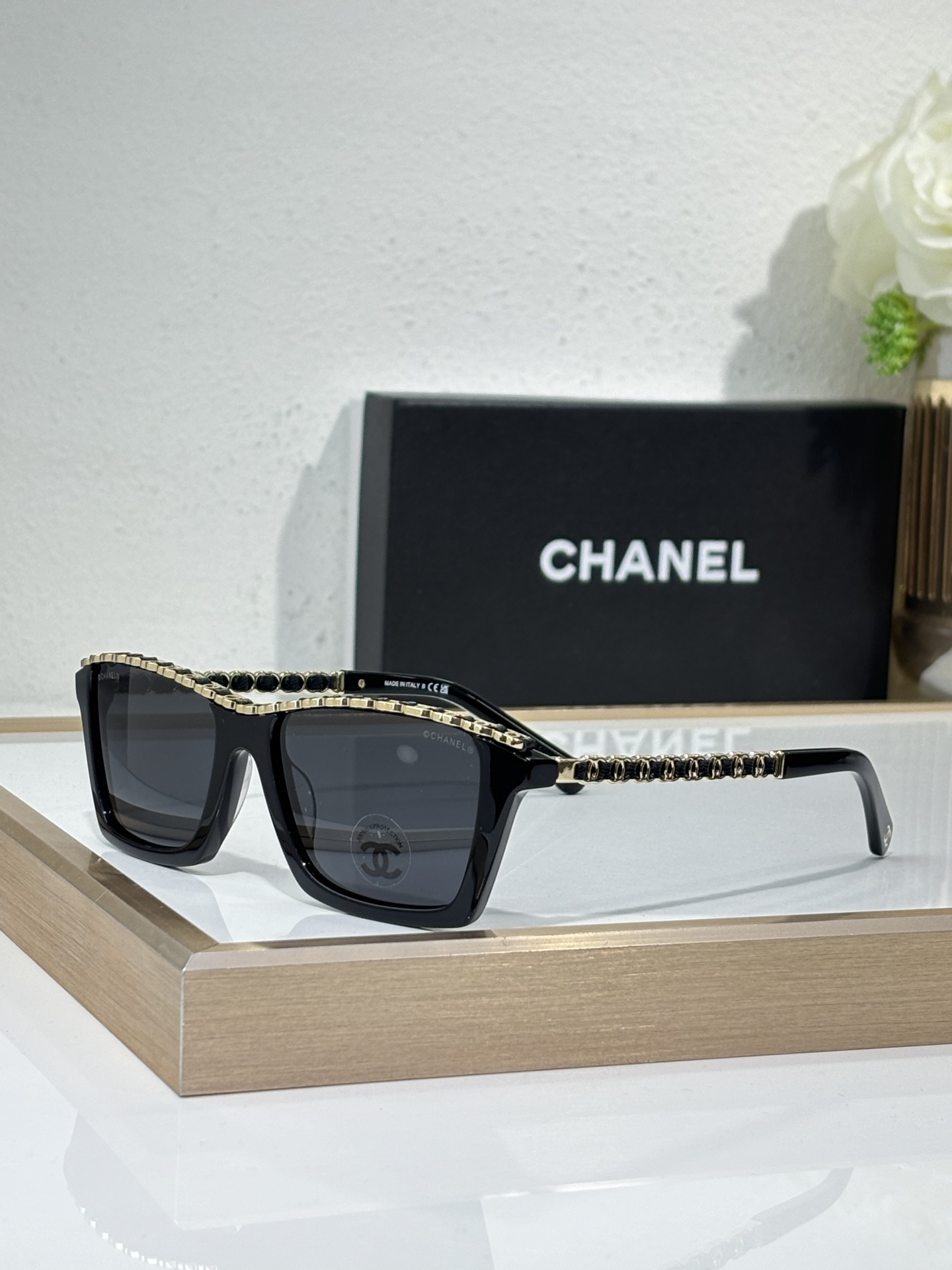 Chanel Black Acetate Square Sunglasses with Chain - Embellished Detailing (Model: CH5591)