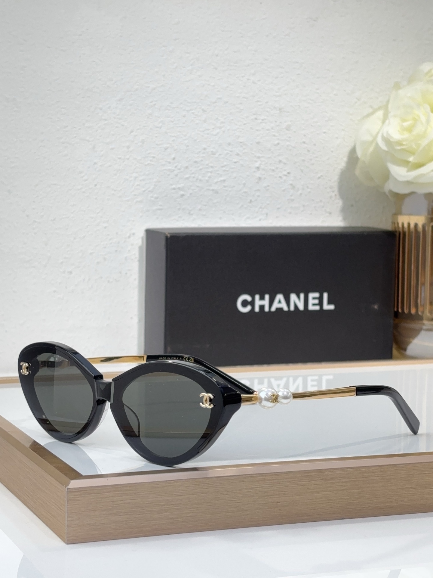 Chanel Black Acetate Cat - Eye Sunglasses with Pearl & Gold - Tone CC Motif (Model: CH5587)