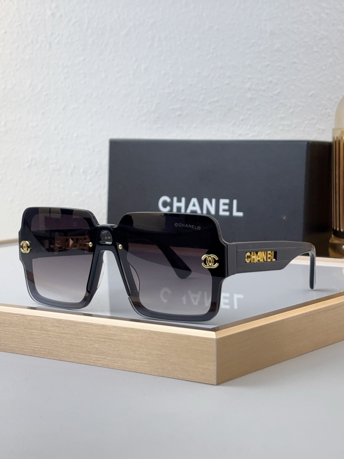 Chanel Black Acetate Oversized Square Sunglasses with Gold - Tone CC & "CHANEL" Motif (Model: CH5586)