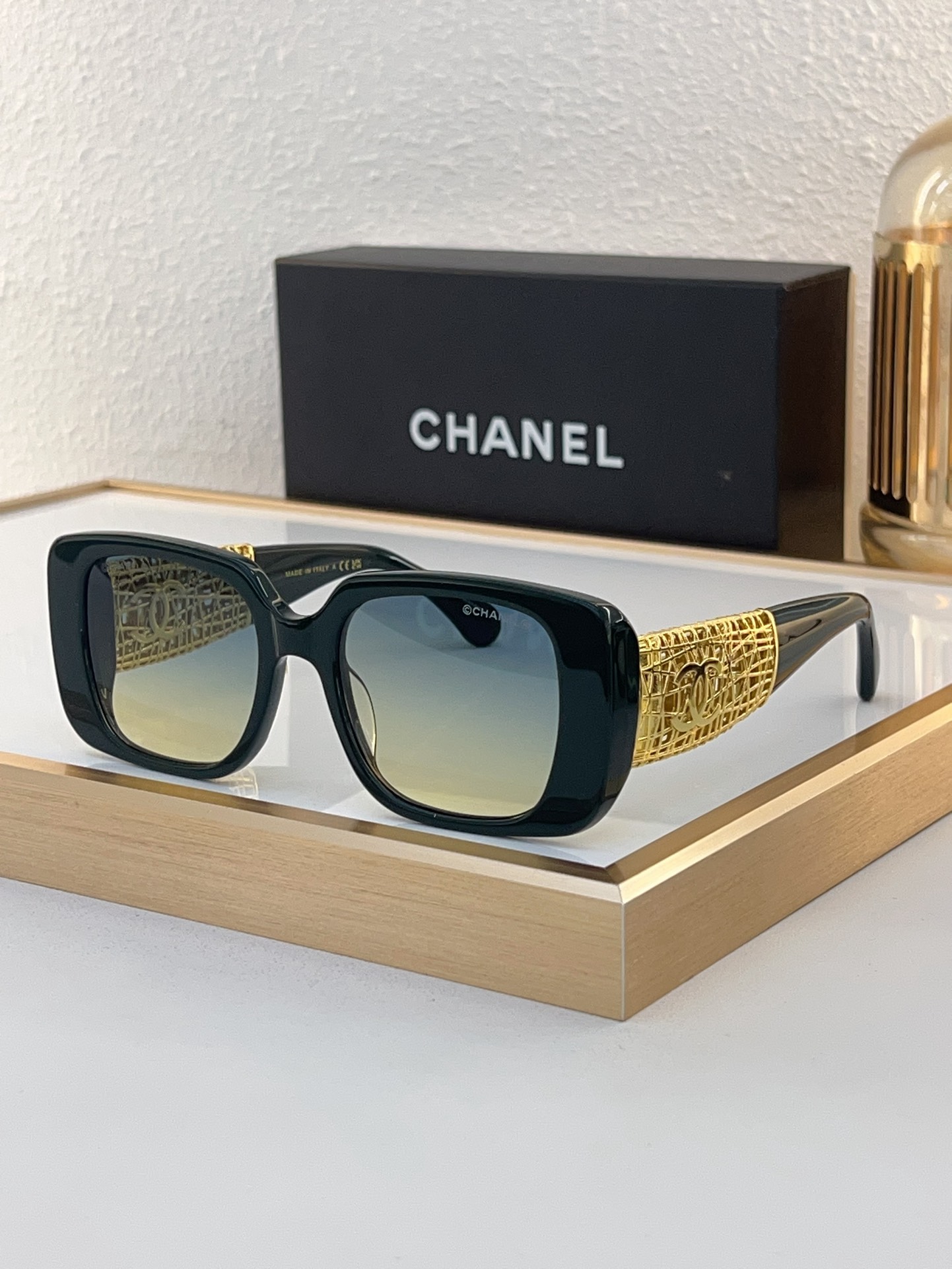 Chanel Black Acetate Square Sunglasses with Gold - Woven Metal & CC Motif (Model: CH5585)