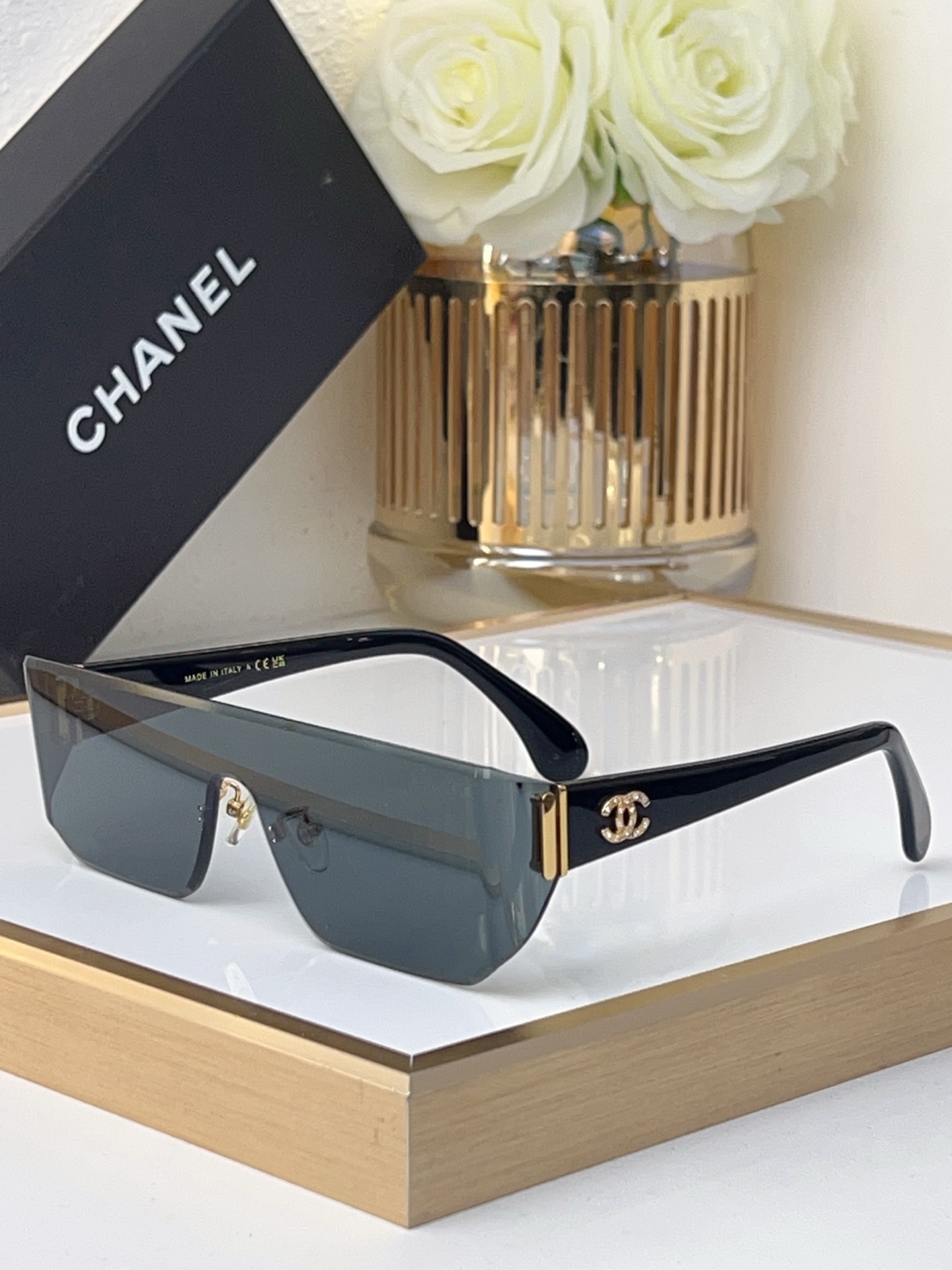 Chanel Shield - Shaped Sunglasses with Tortoiseshell Temples & Crystal - Encrusted CC Motif (Model: CH5579)